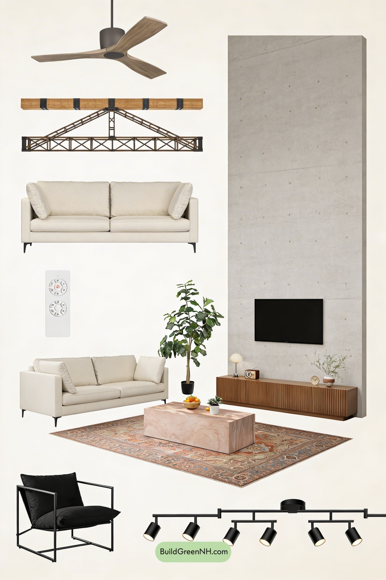 Moodboard for Graphite Fan Under Rustic Trusses