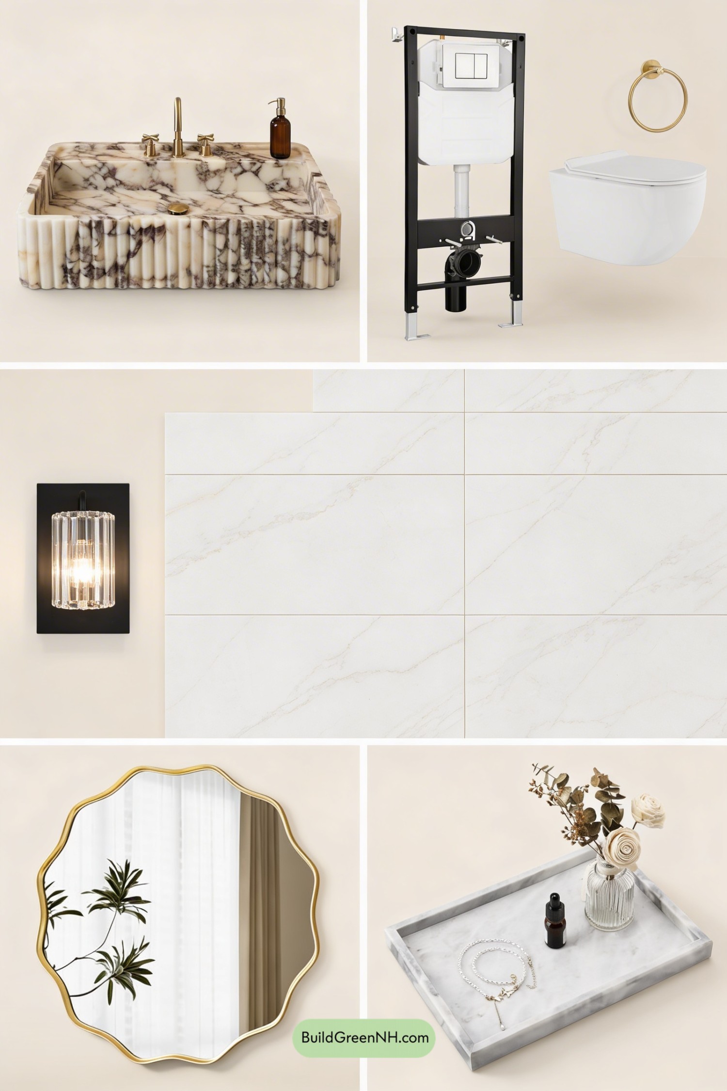 Moodboard for Blush Vanity and Onyx Tile Shower