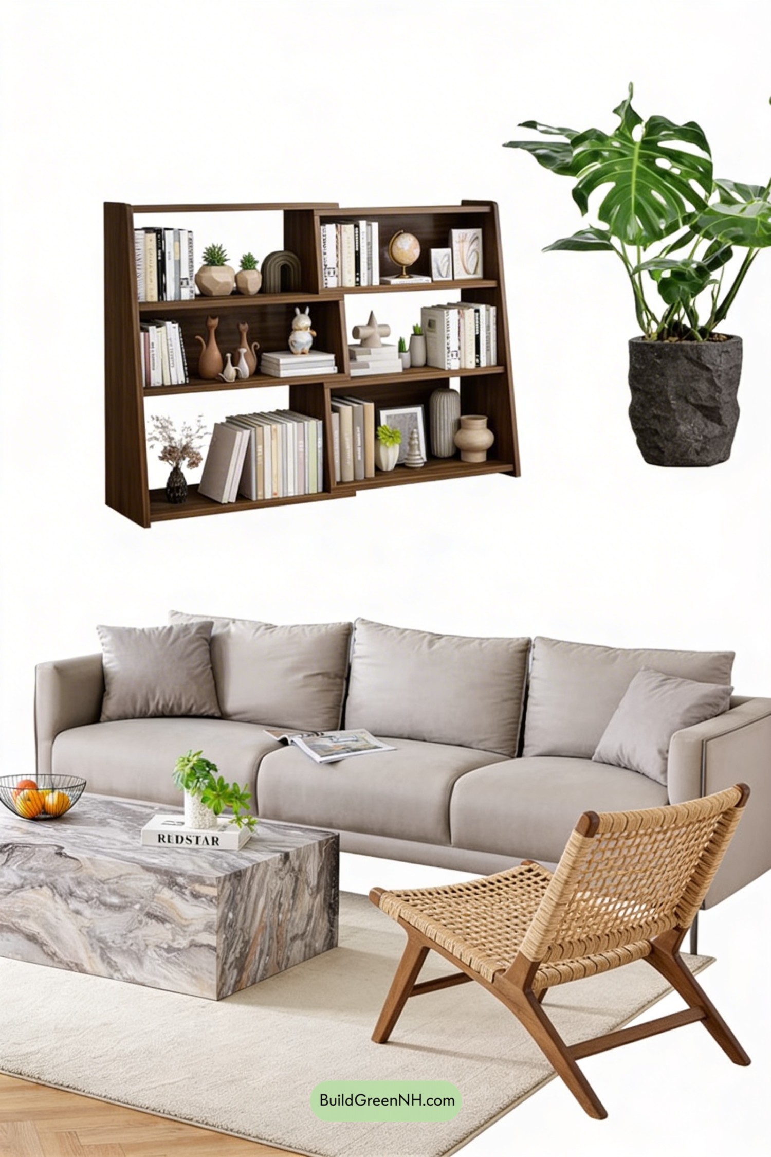 Moodboard for Japandi Living Room With Central Fireplace