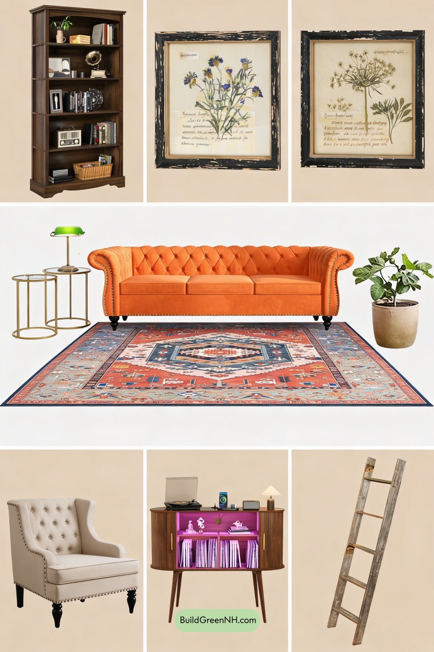 Moodboard for Orange Couch Library Living Room