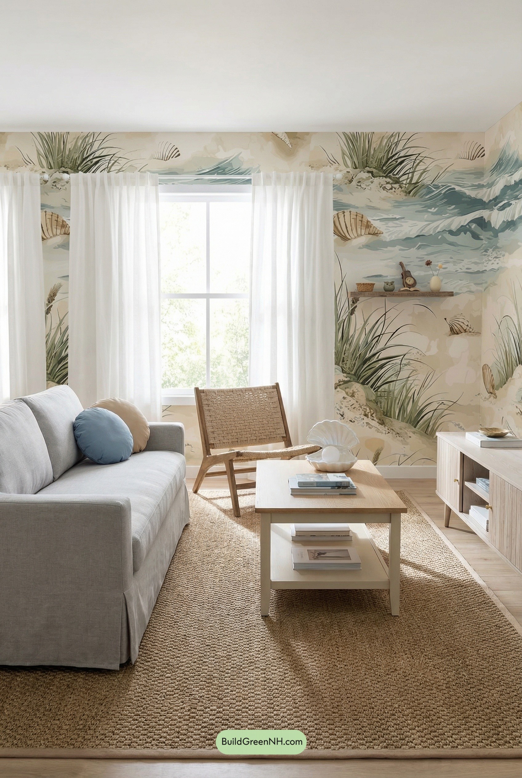 Coastal Watercolor Mural Living Room Retreat