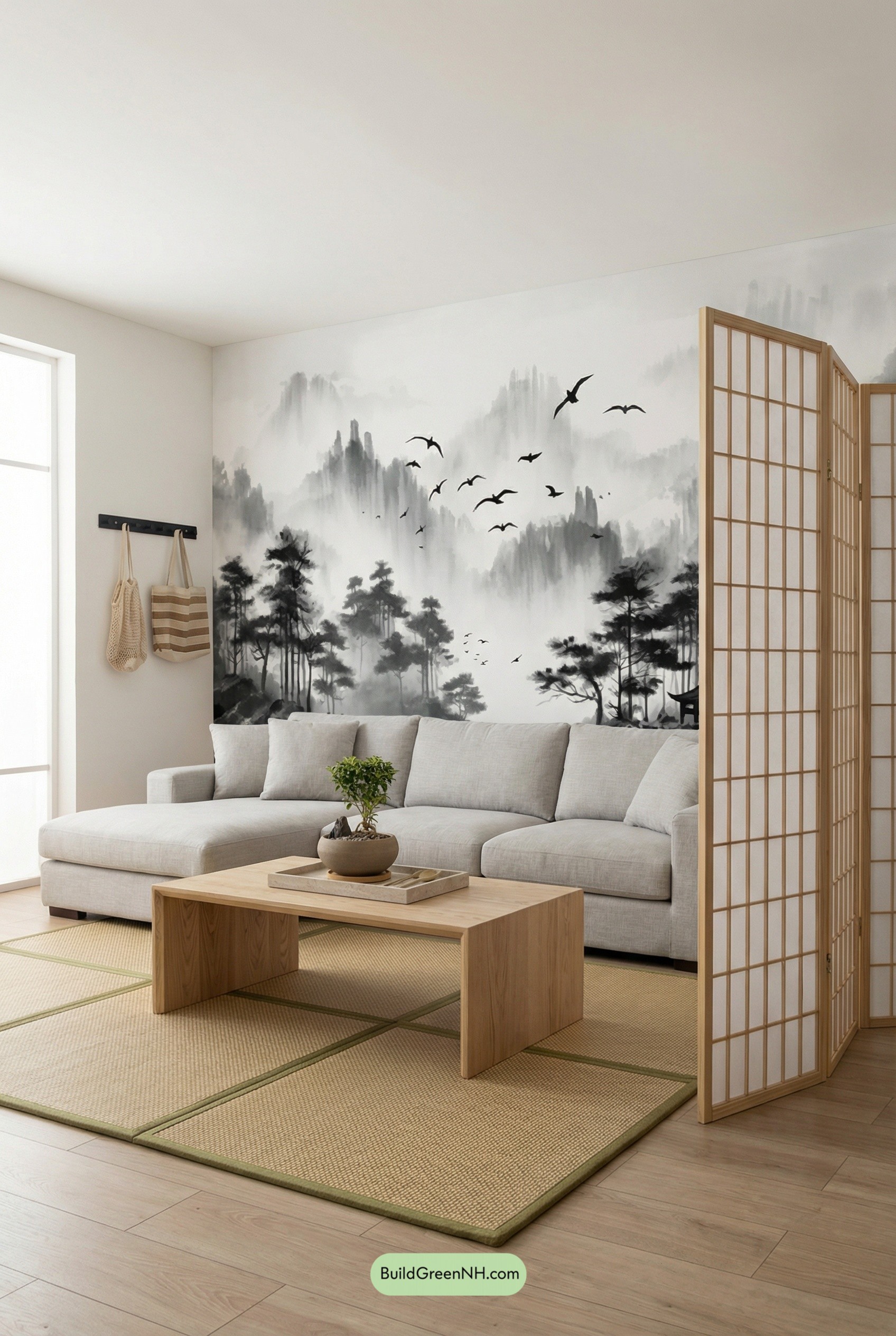 Japandi Ink-Wash Mountain Mural Calm