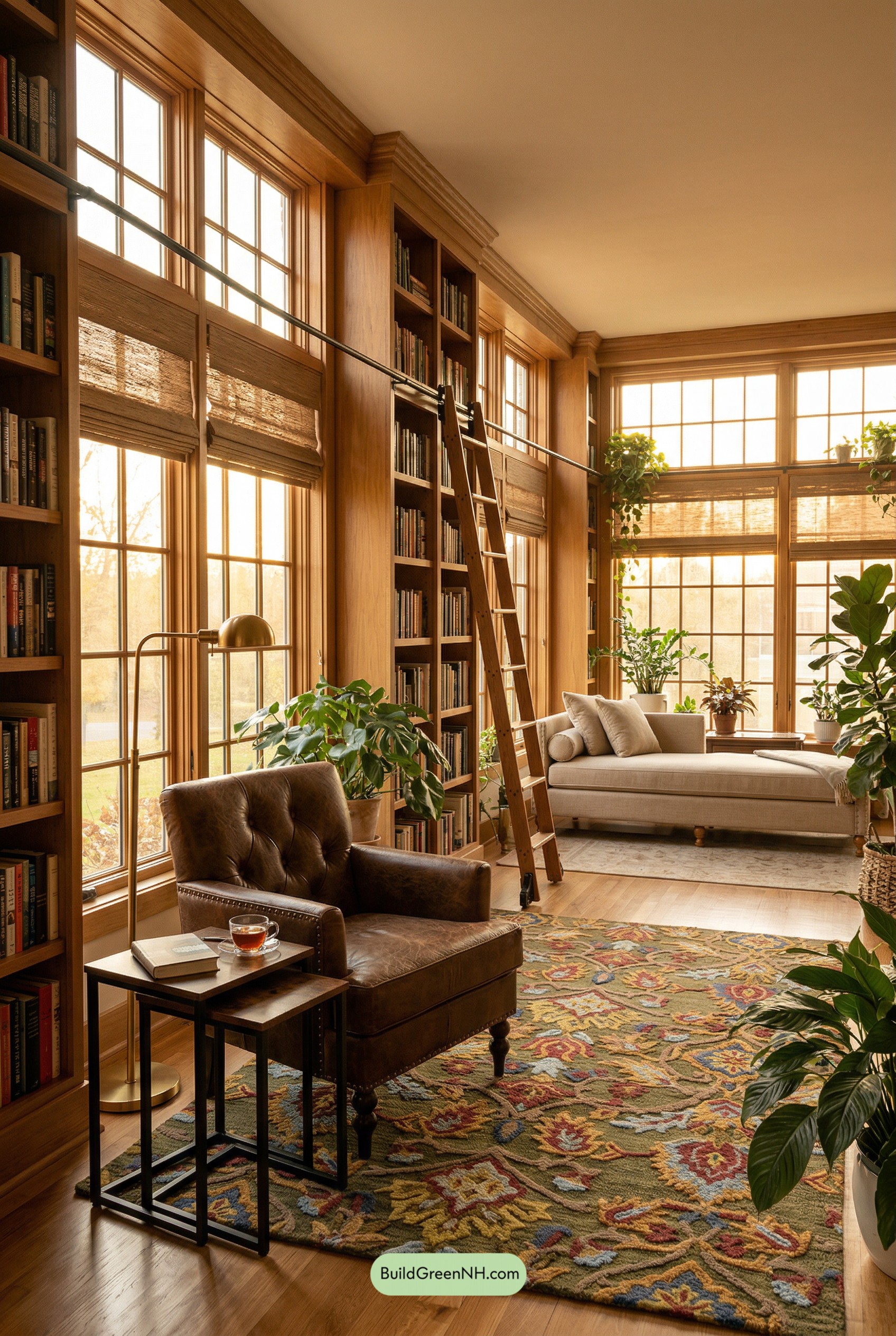 Sunlit Library Sunroom with Ladder Shelves