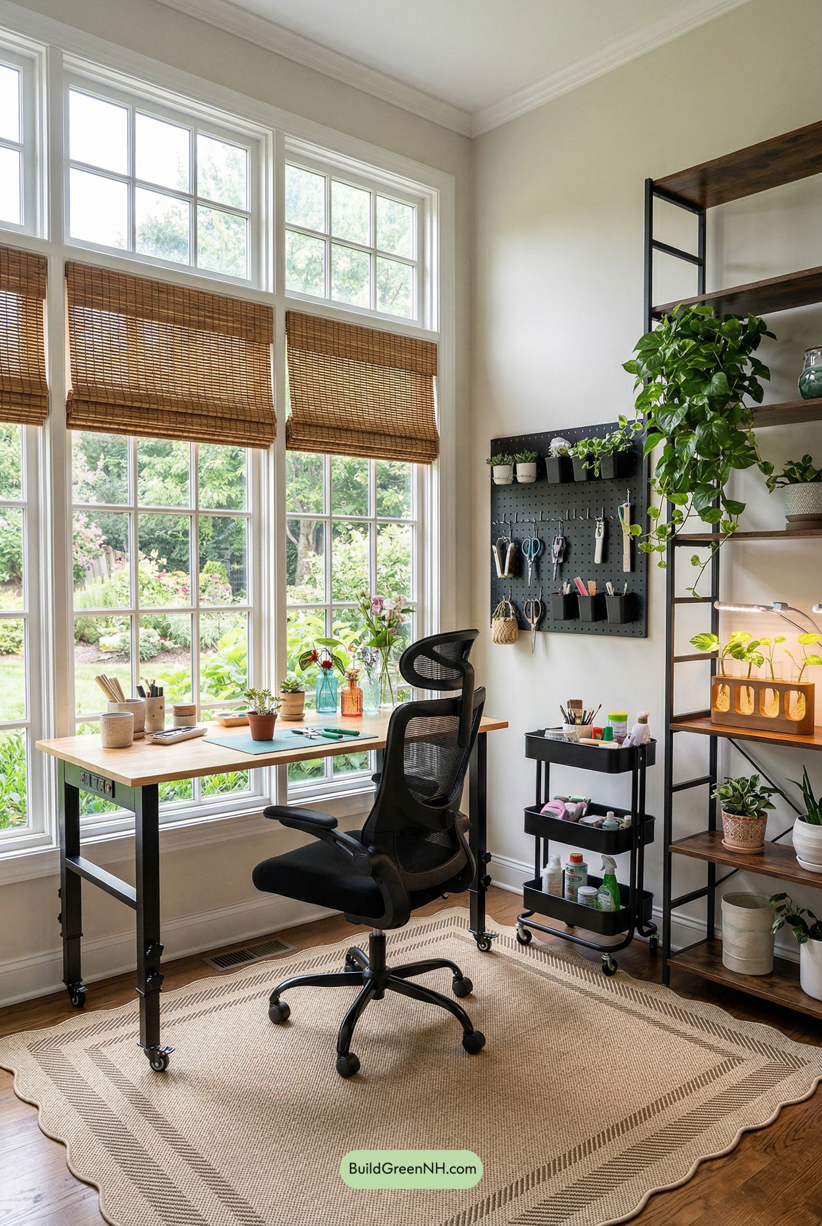 Sunlit Craft Studio With Plant Shelves