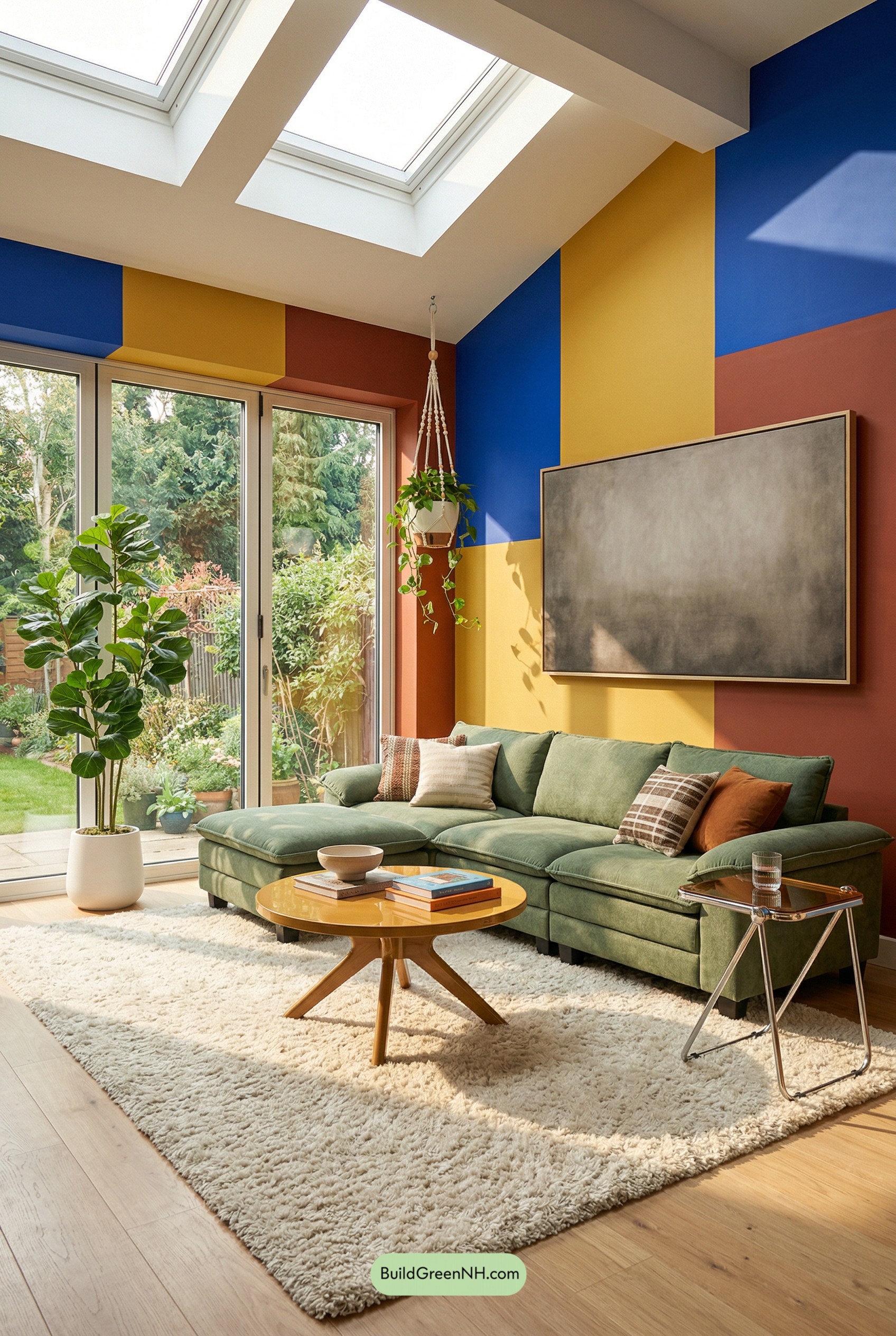 Color-Block Sunroom with Green Velvet Sofa