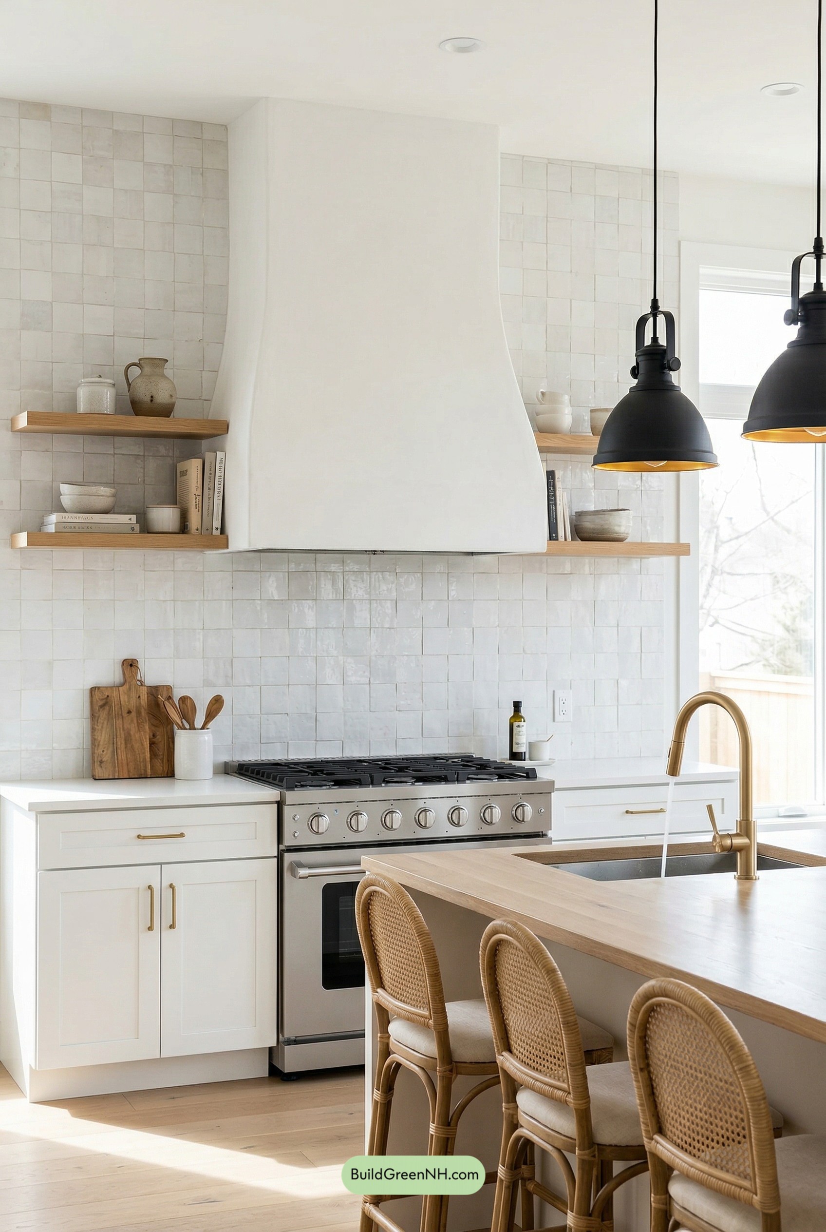 Sculpted Plaster Hood, Oak, and Handmade Tile