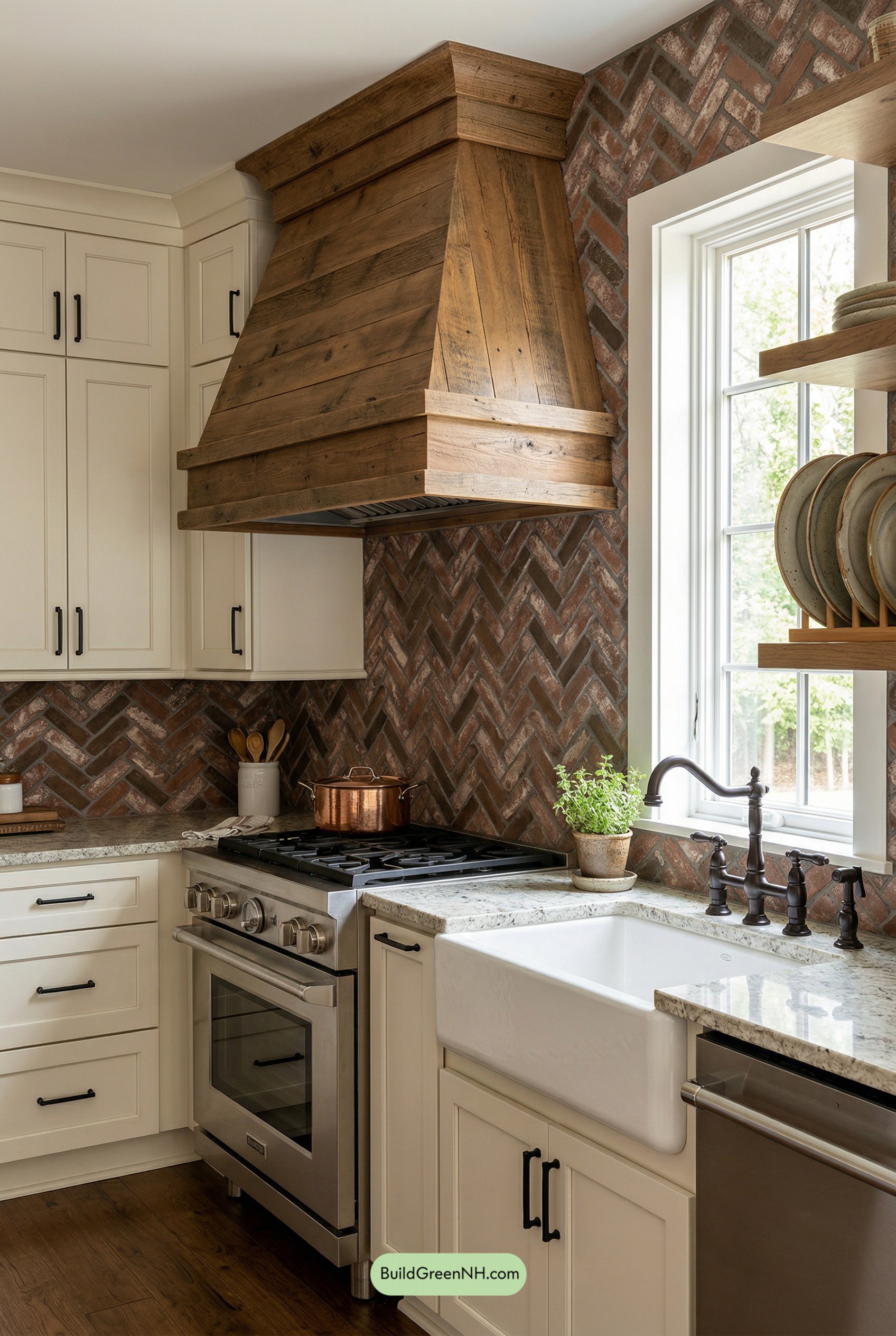Reclaimed Timber Hood, Brick Herringbone Backdrop