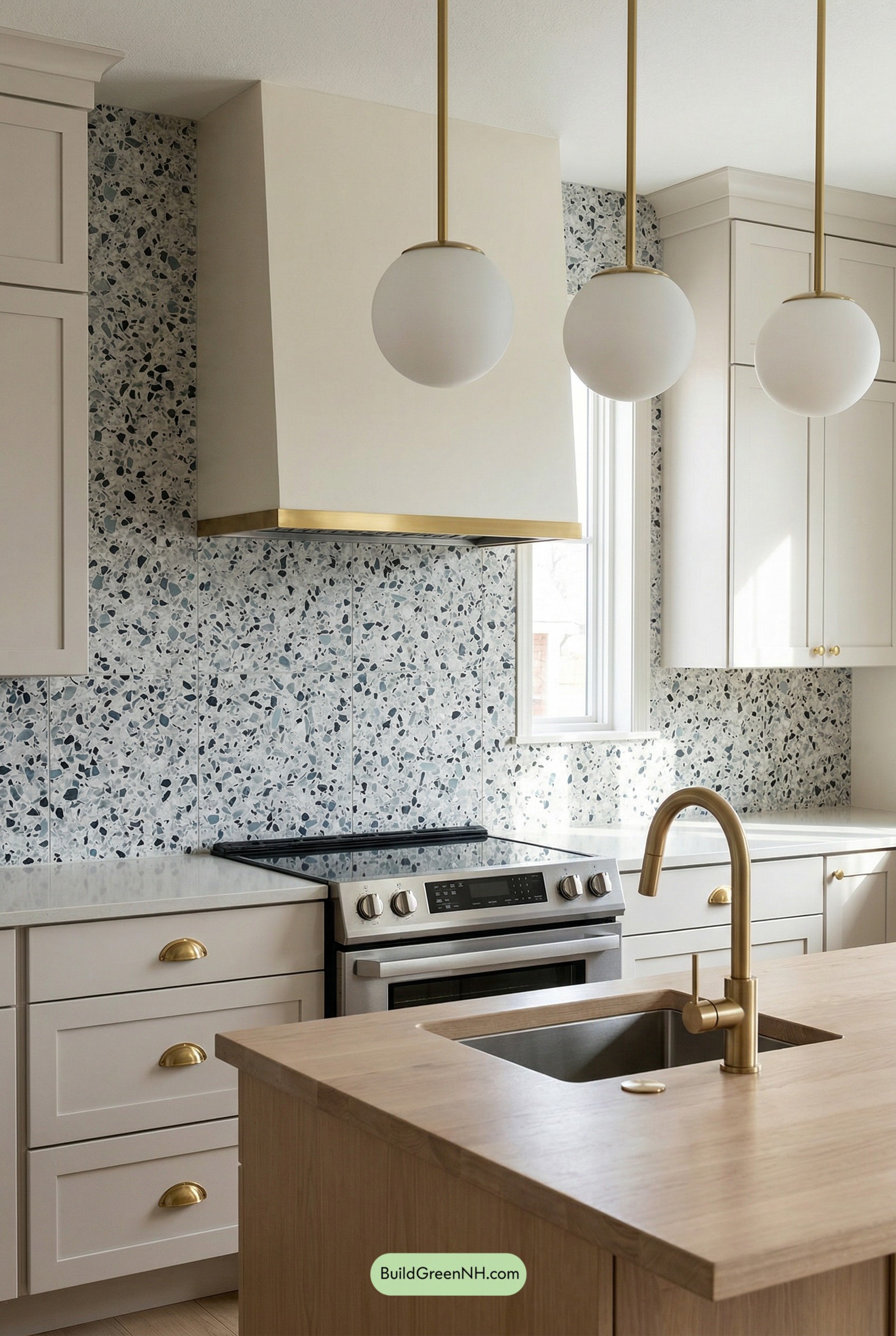 Brass-Trimmed Hood Meets Terrazzo Chic