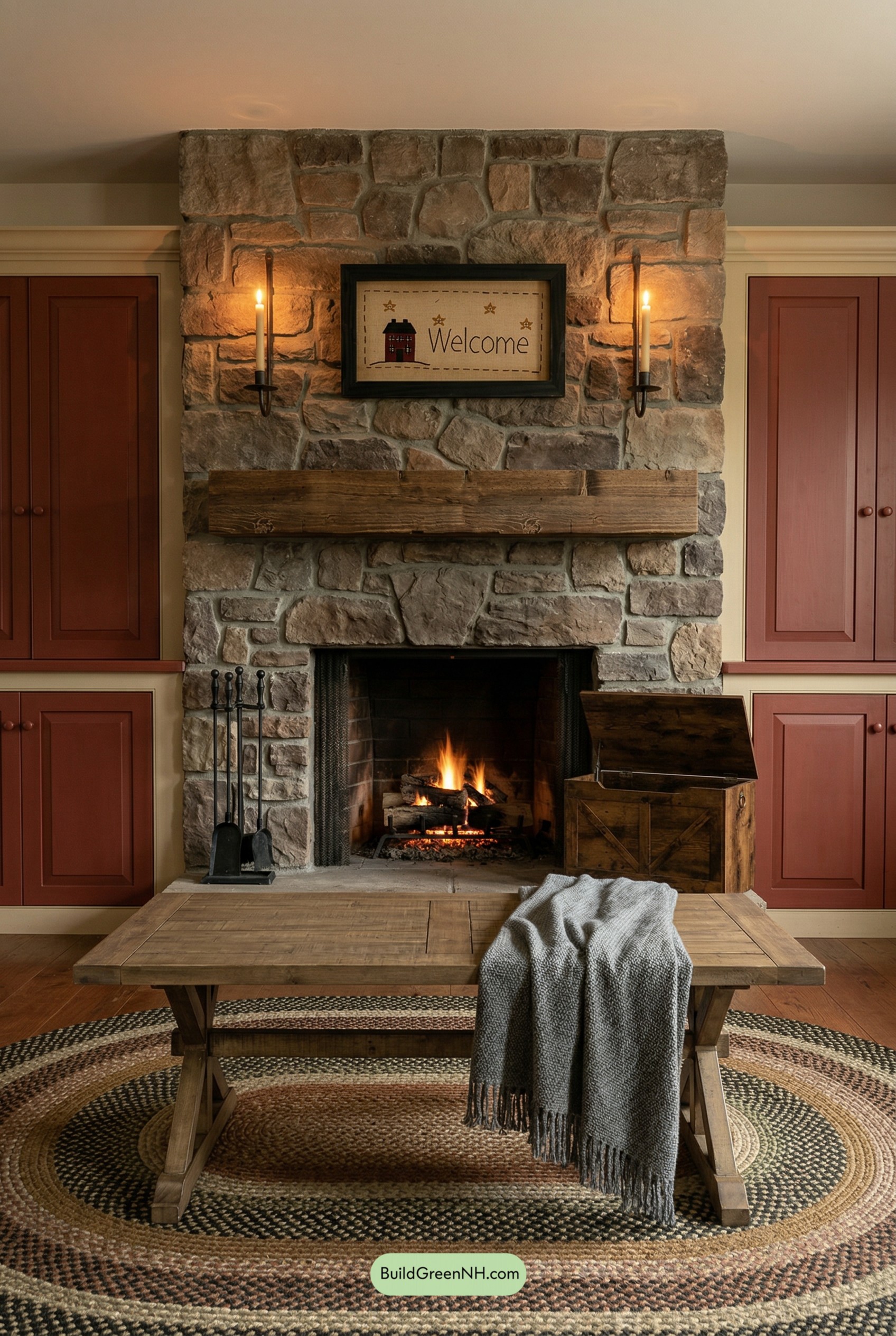 Candlelit Stone Hearth, Barn-Red Built-ins