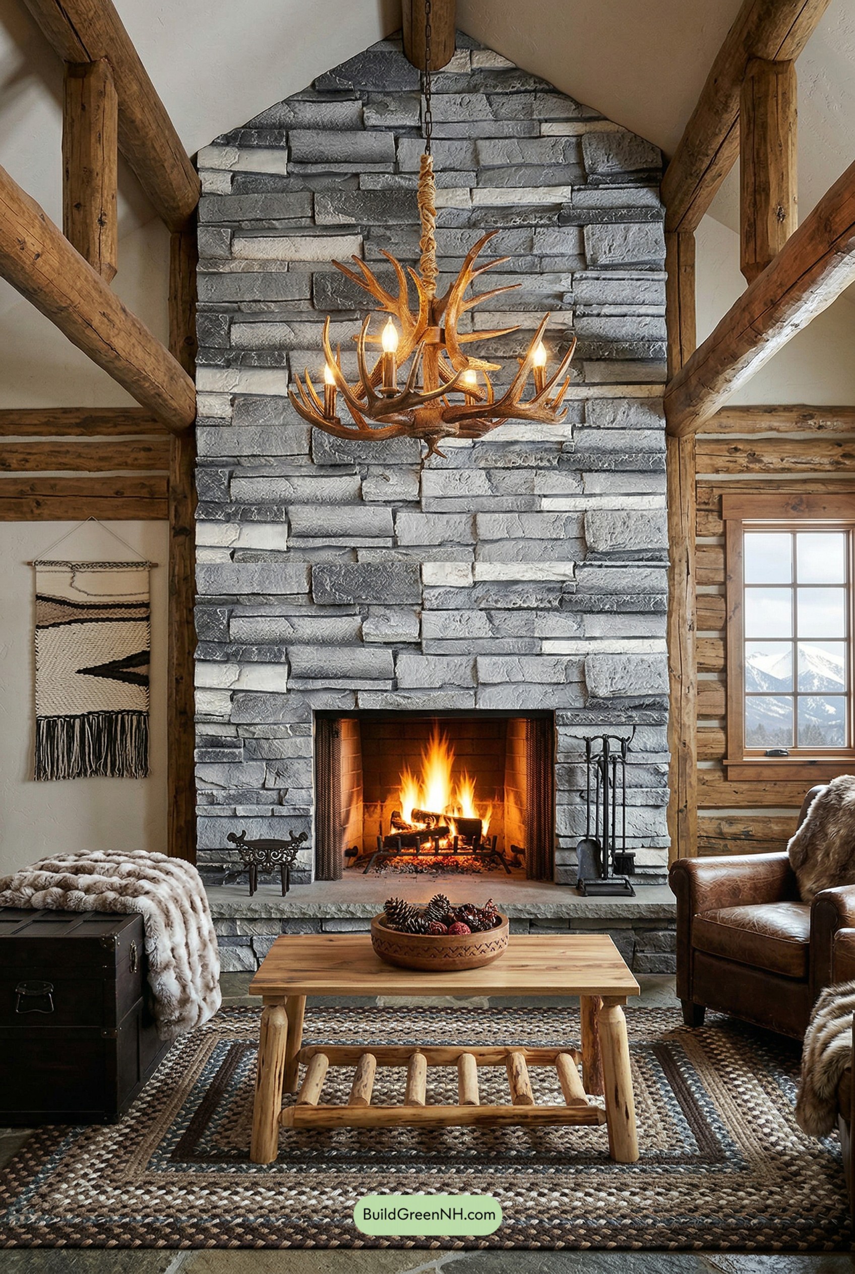 Stone Hearth, Timber Beams, Lodge Soul