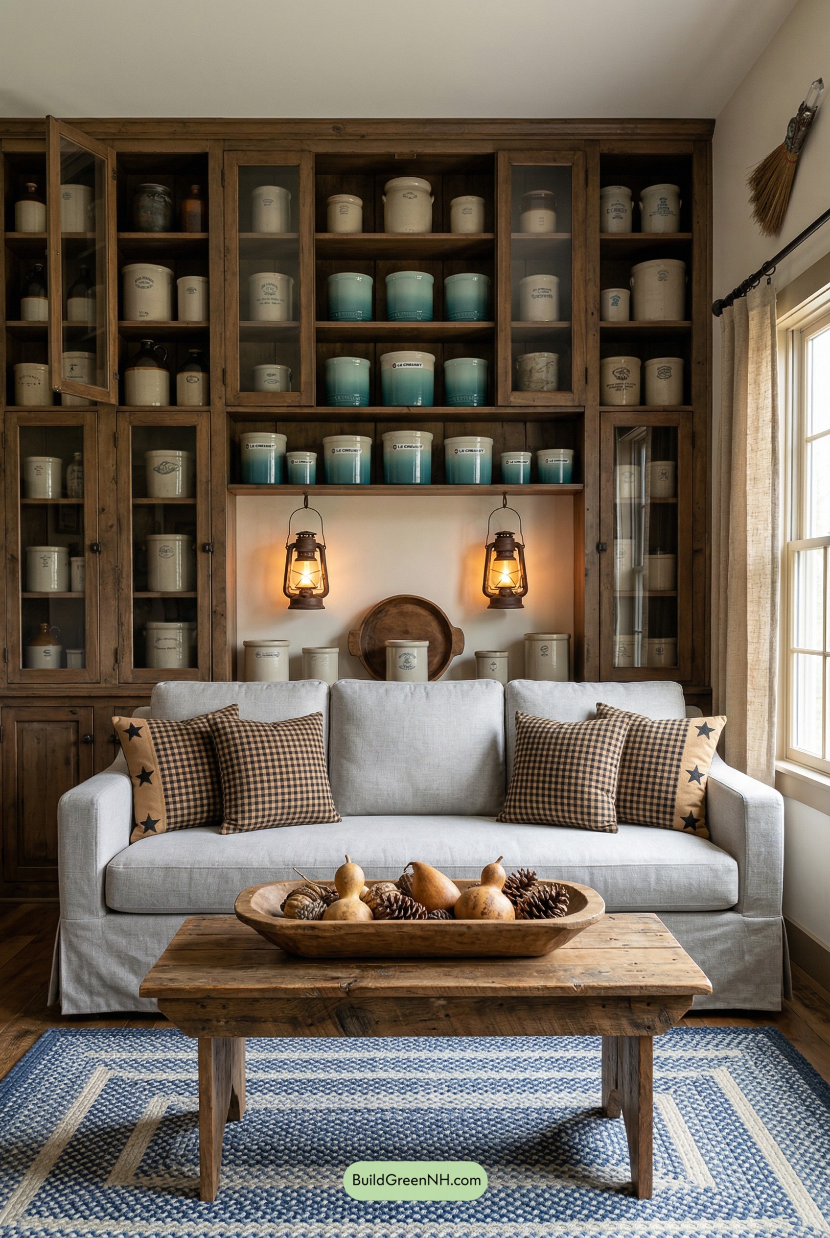 Crock-Filled Cupboard Wall, Cozy Primitive Charm