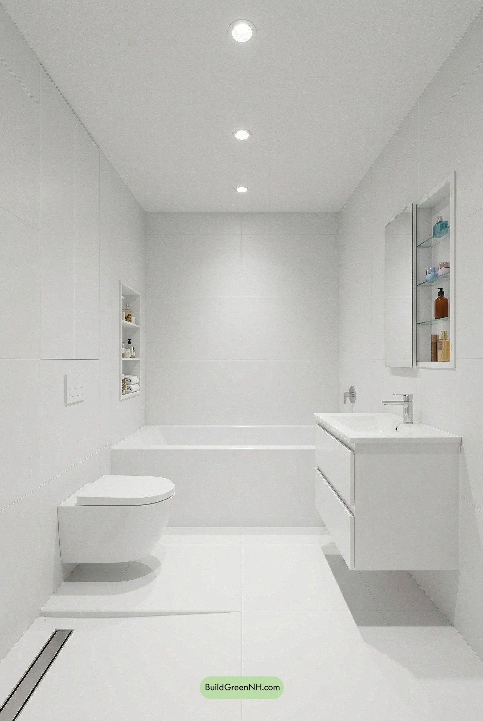 All-White Tiny Bathroom, Seamless and Smart