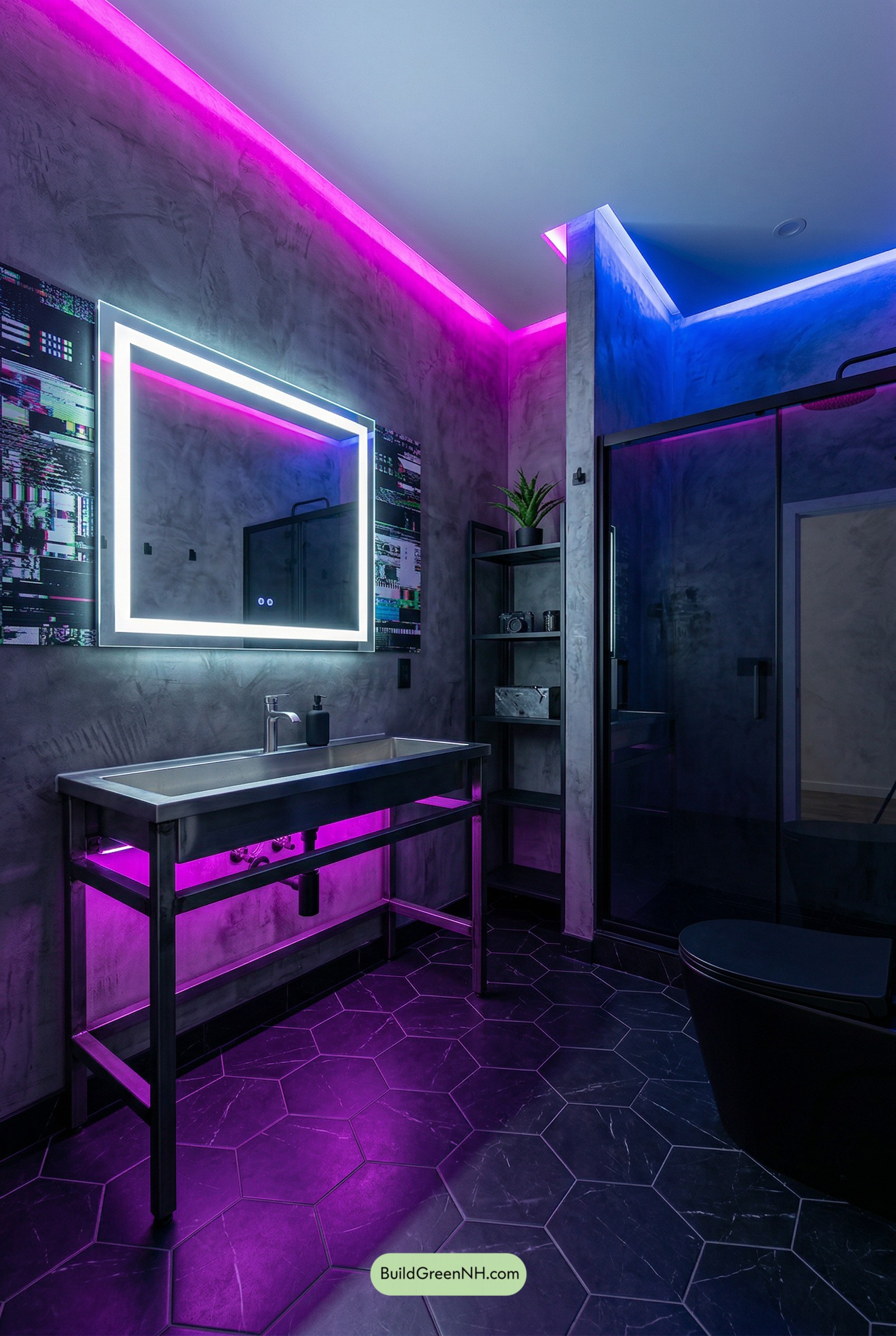 Glitch-Punk Neon Concrete Bathroom