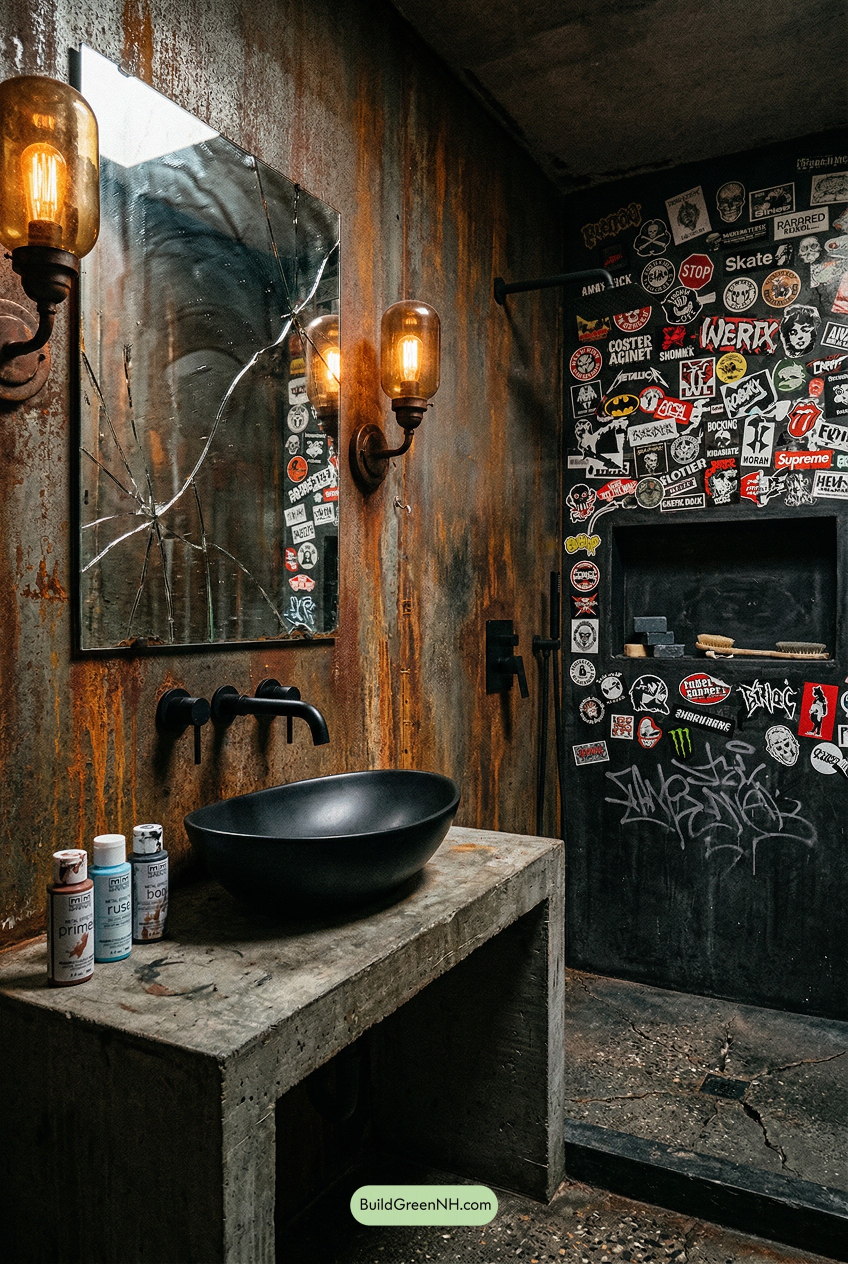 Rust-Punk Bath With Stickerwall Swagger