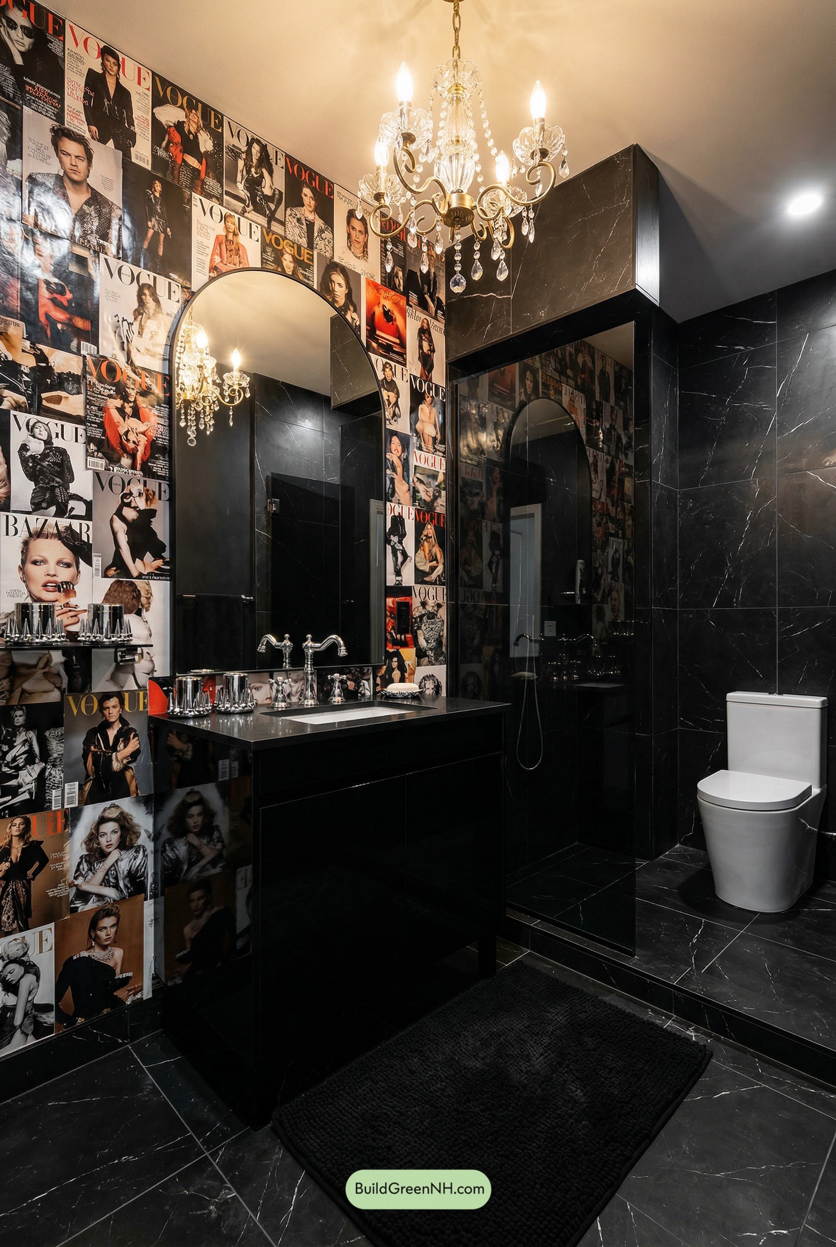 Glam-Punk Noir Bathroom with Chandelier