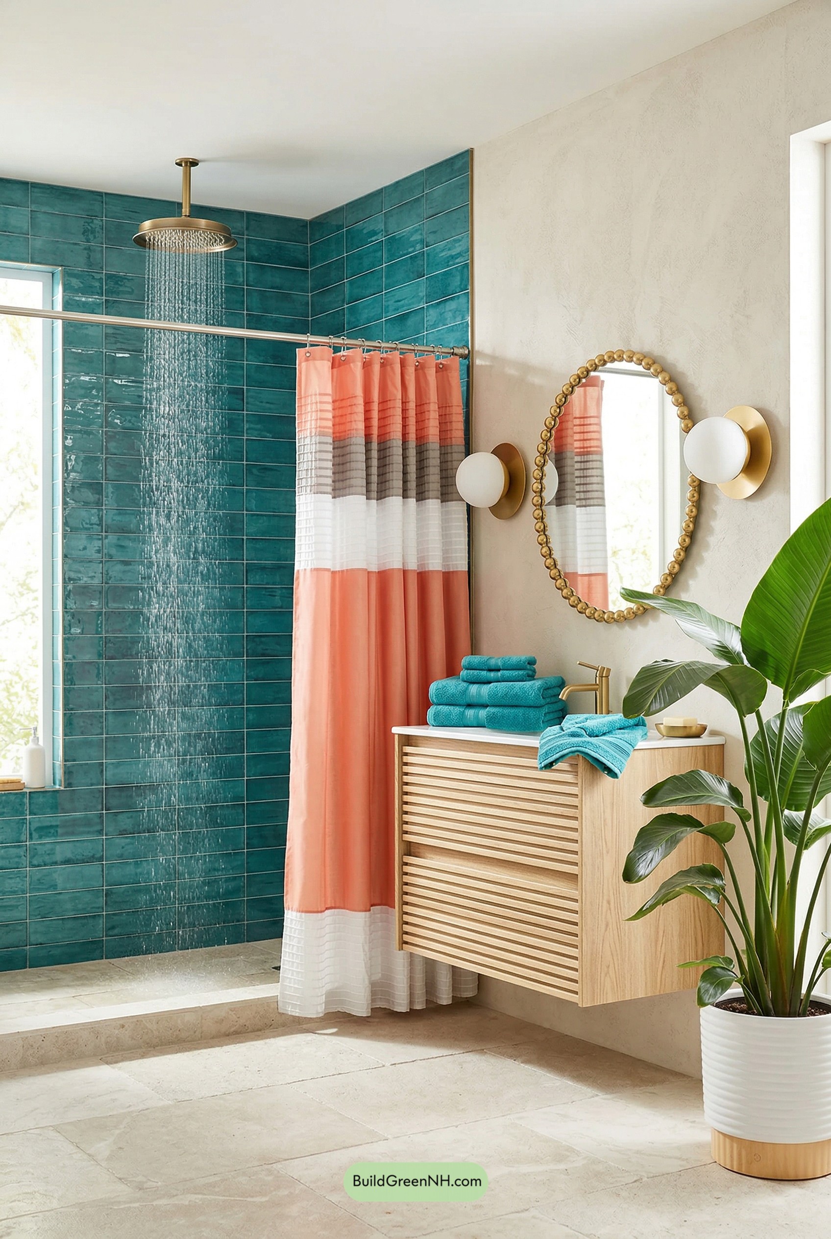 Teal Tile, Coral Pops, Brass Glow