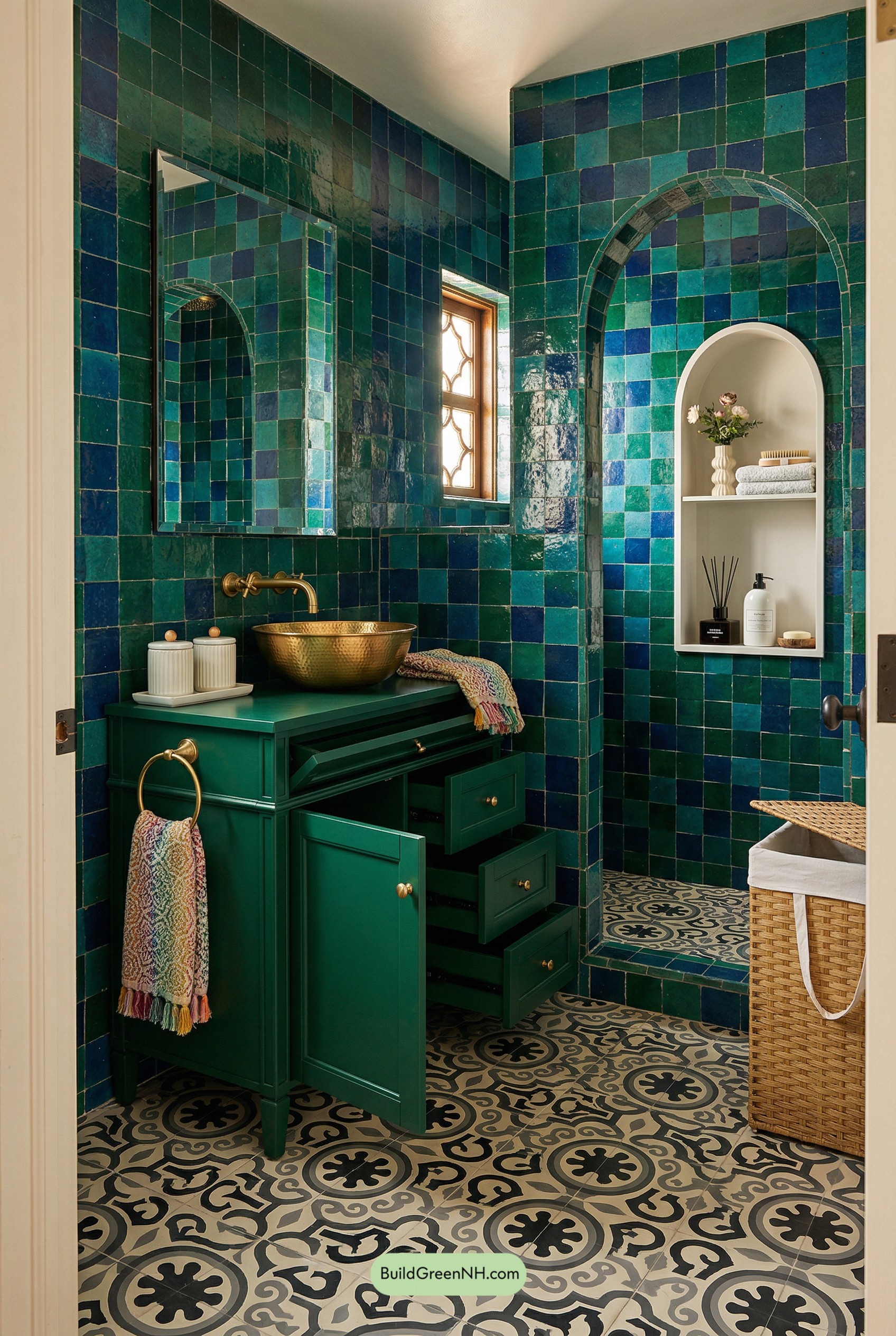 Jewel-Tone Zellige Bathroom With Arched Niche