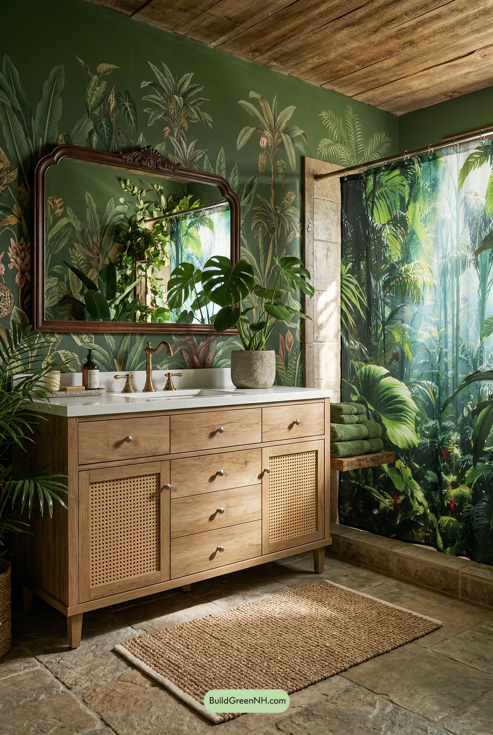 Rainforest Green Bathroom, Warm Wood Calm