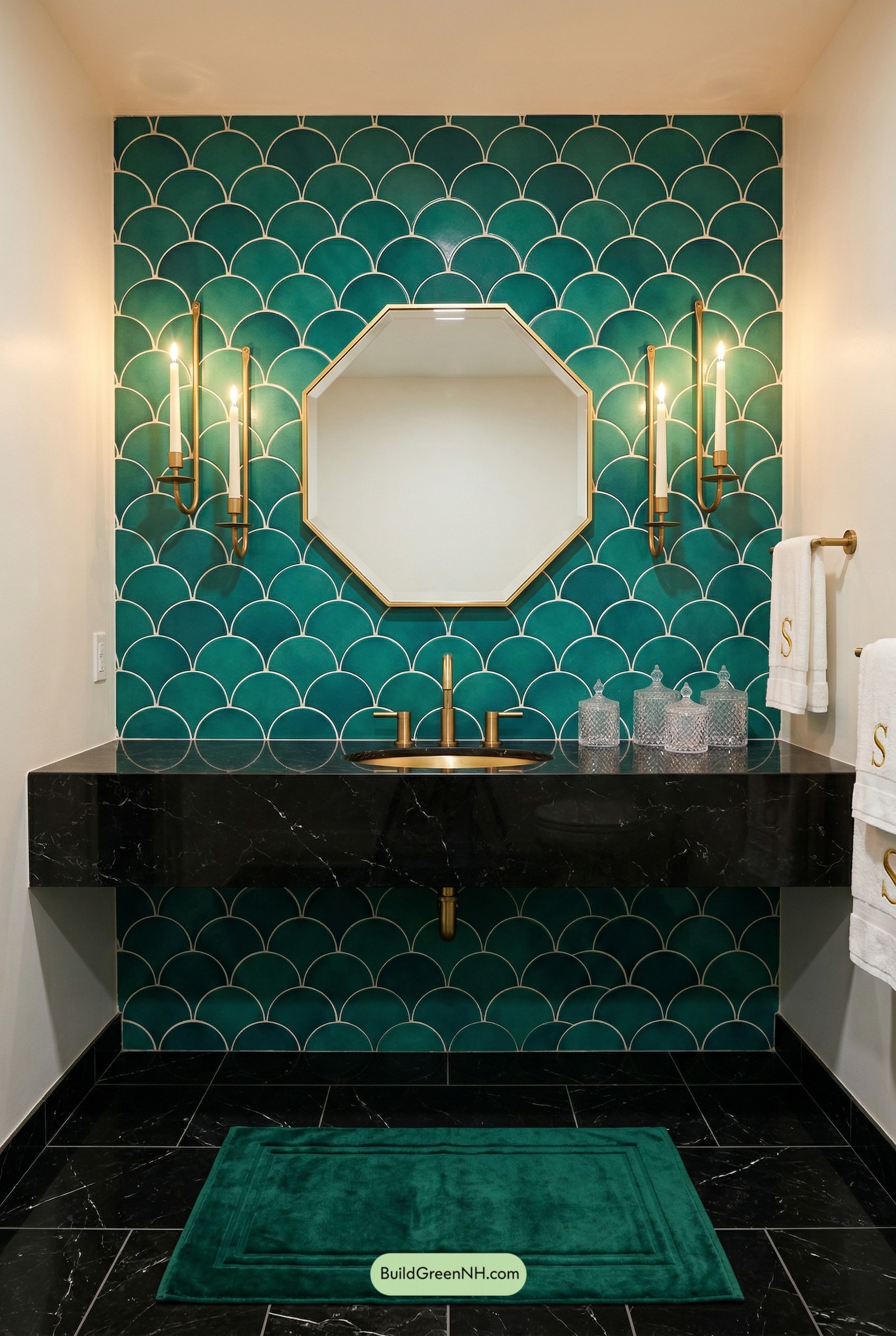 Emerald Scallops, Brass Glow, Deco Drama