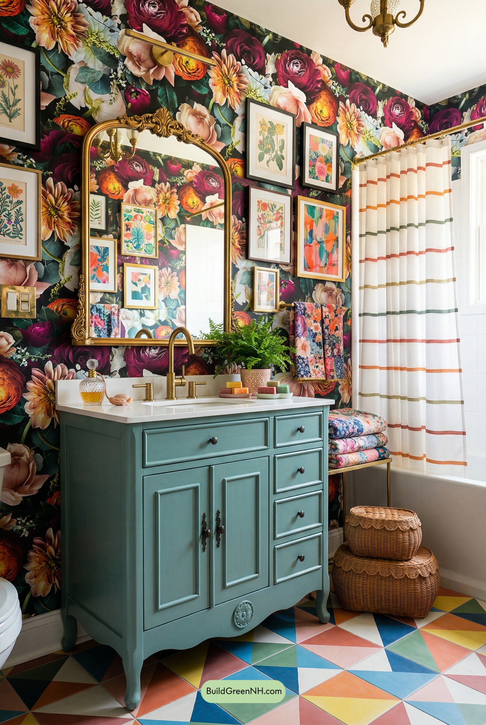 Floral Gallery Bathroom, Teal Vanity Glow