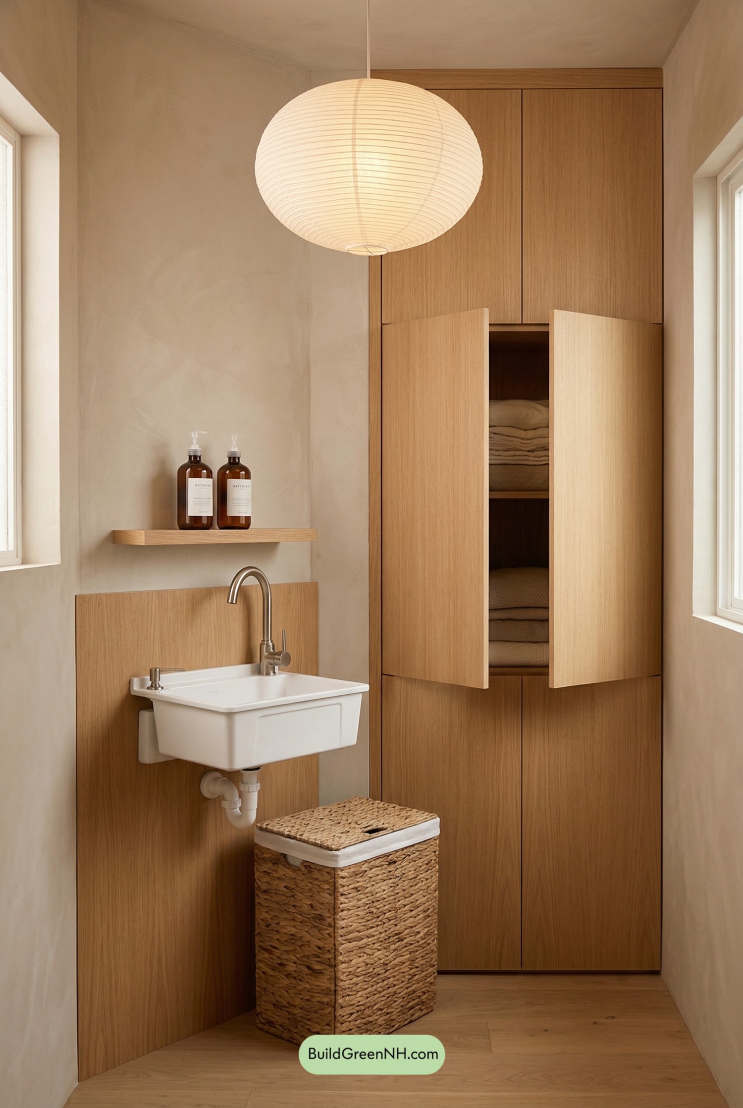 Japandi Laundry Nook With Hidden Storage