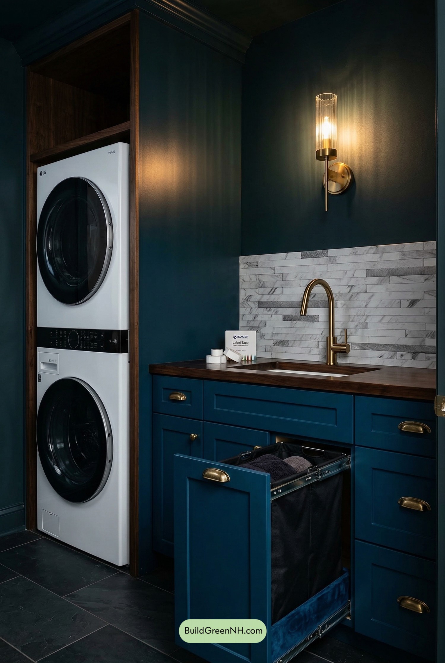 Jewel-Tone Laundry Nook with Brass Glow