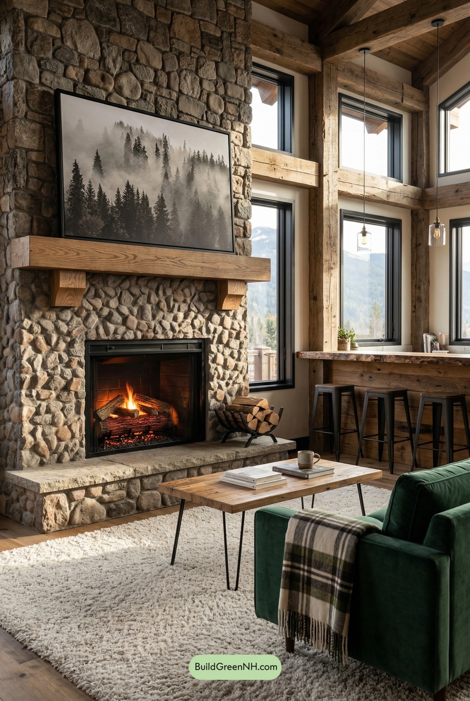 Stone Hearth, Timber Beams, Modern Ease