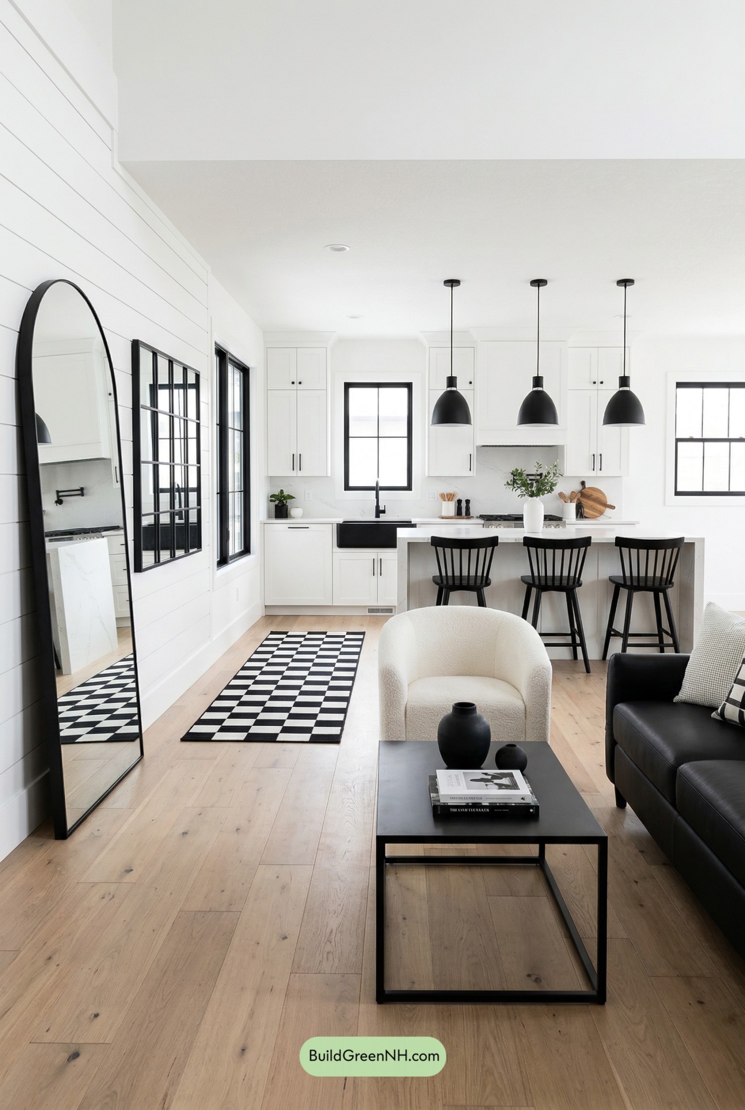 Monochrome Barndominium Kitchen-Living Flow