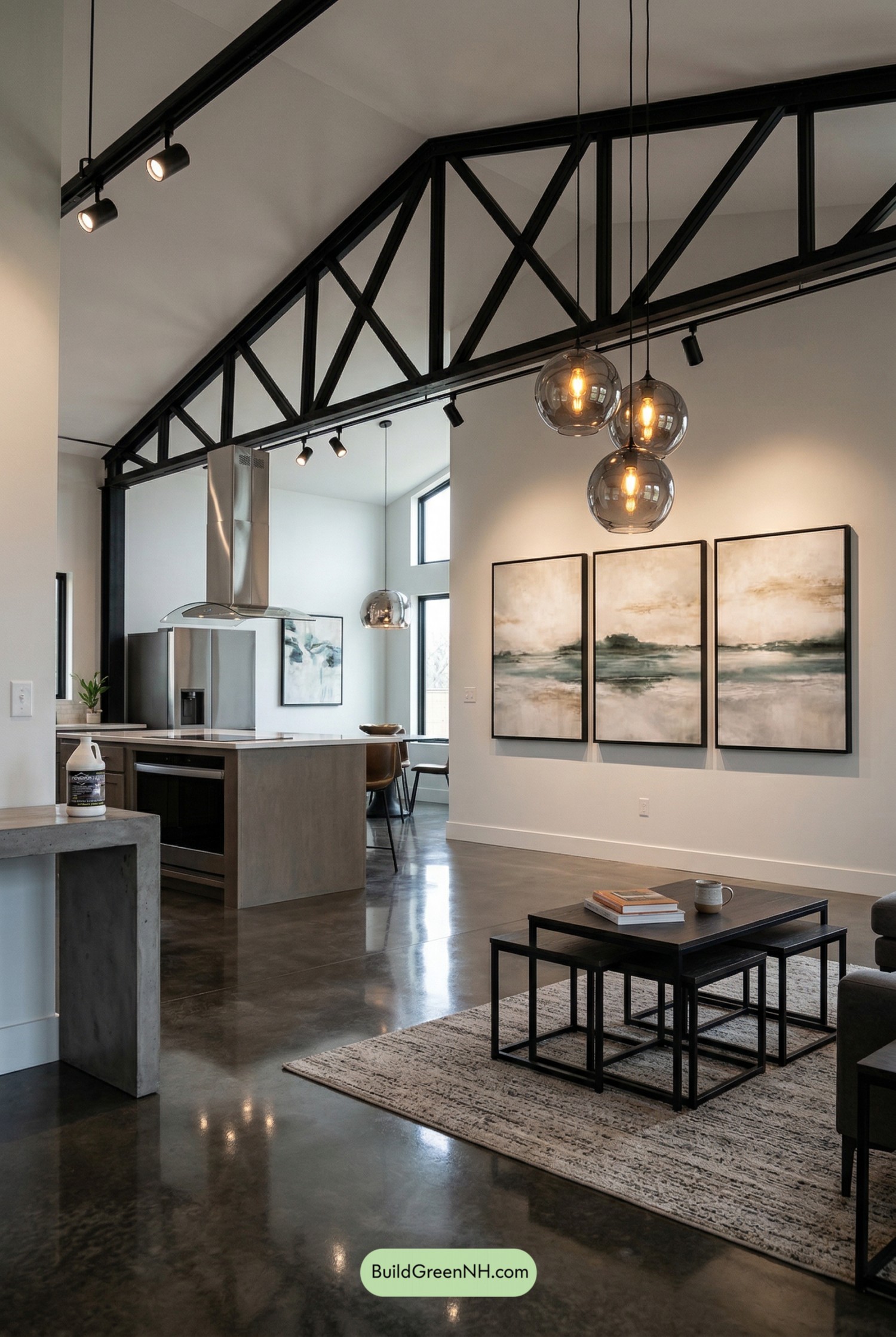 Steel Trusses, Concrete Shine, Gallery Calm