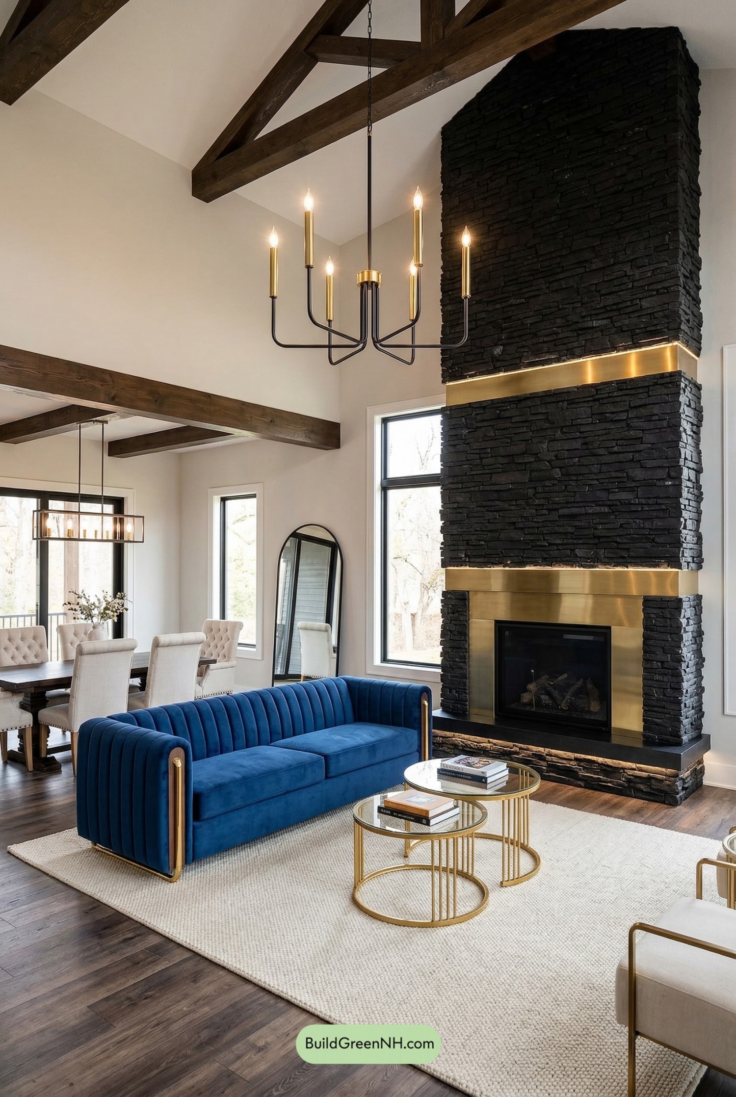 Barn-Glam Great Room With Brass Edge