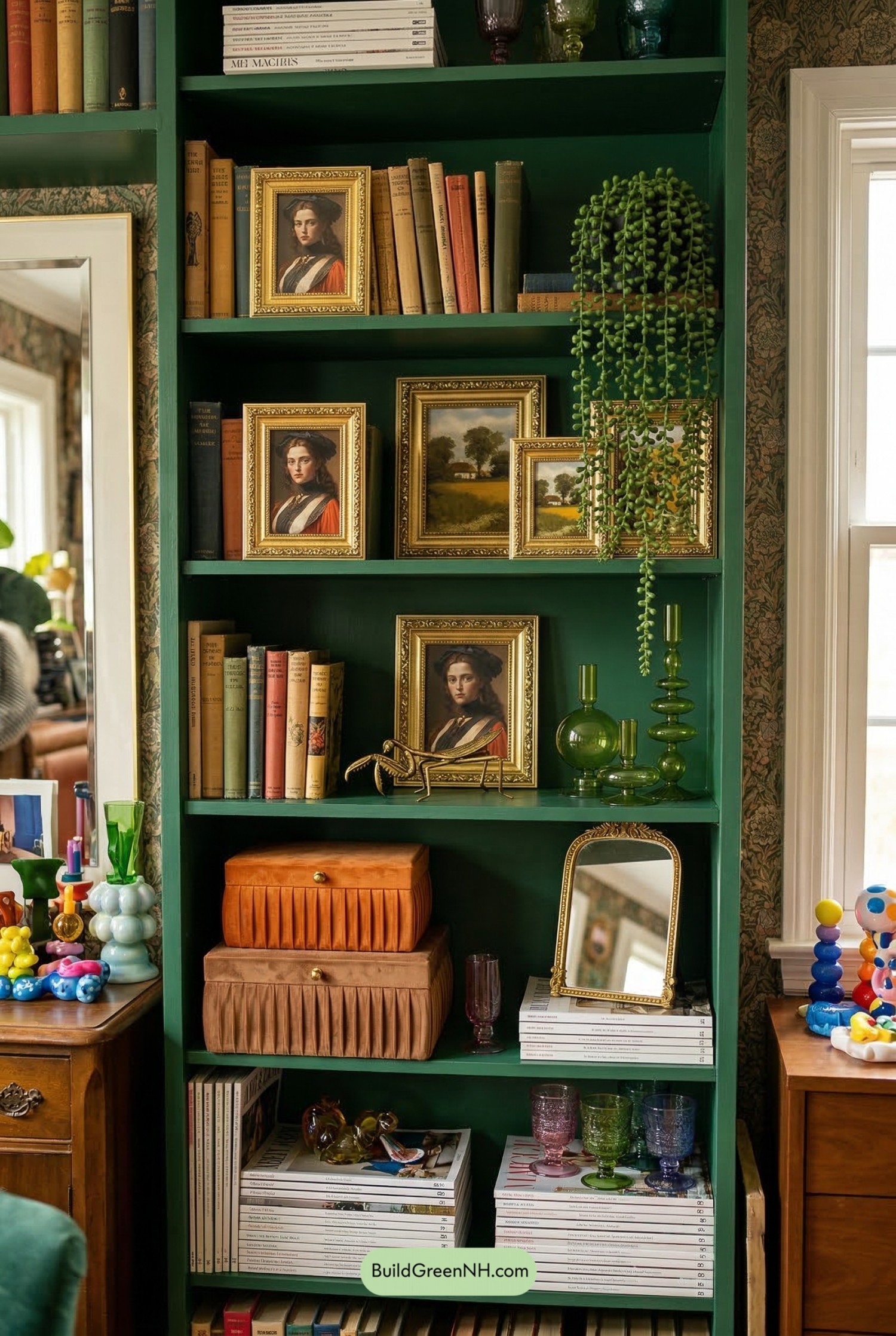 Deep Green Shelf, Gold Frames, Happy Chaos