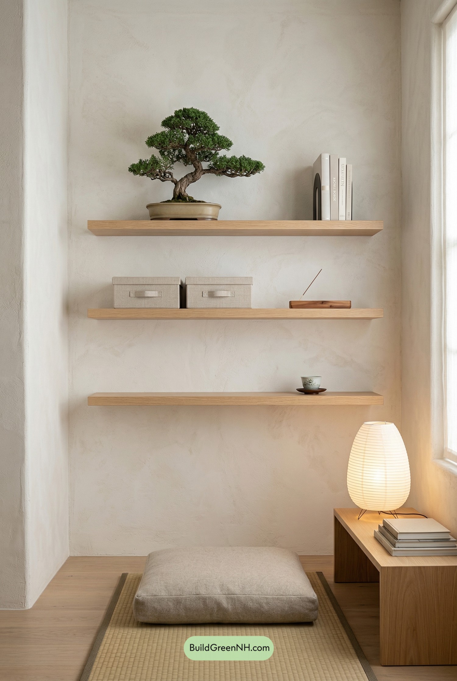 Floating Oak Shelves, Bonsai, Quiet Books