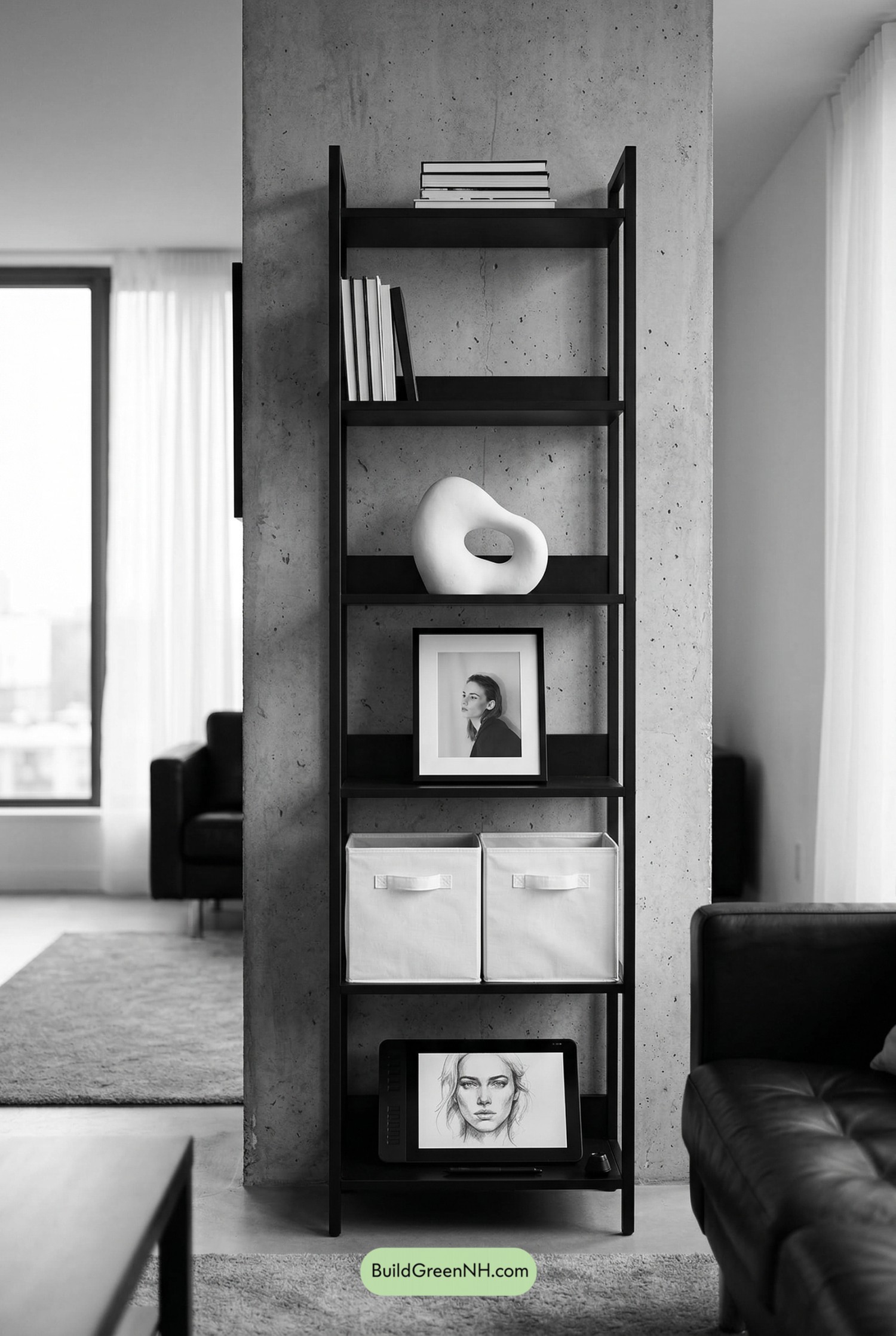 Matte-Black Ladder Shelf, White Hero