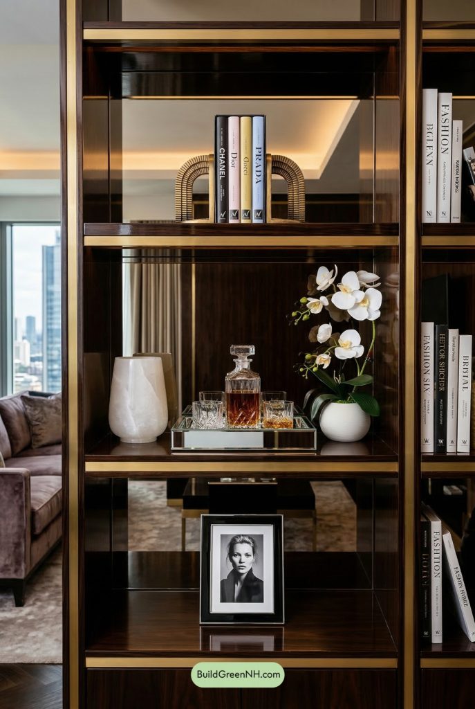 Brass-Trimmed Shelf, Fashion-Book Chic