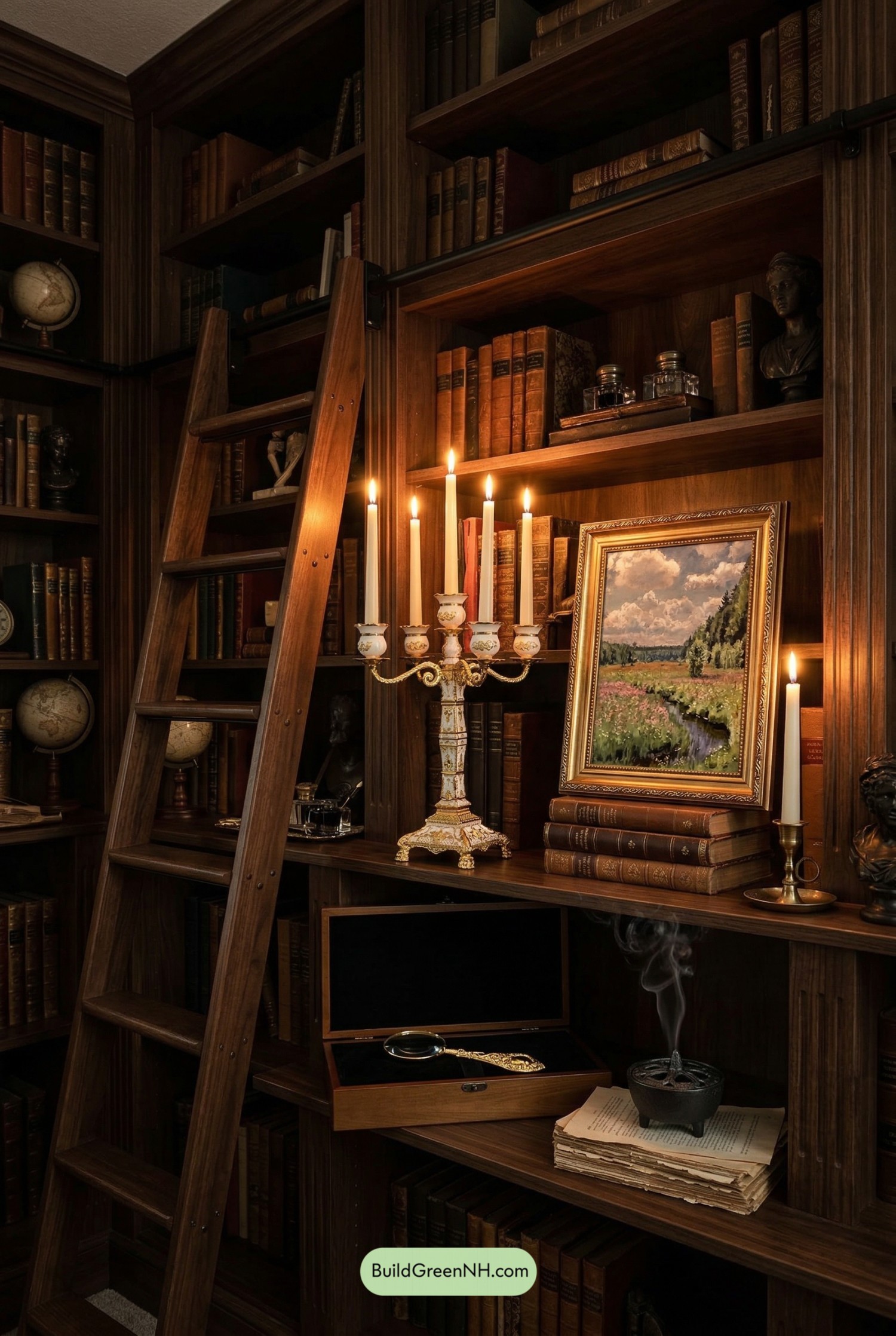 Walnut Ladder Library with Candlelit Charm