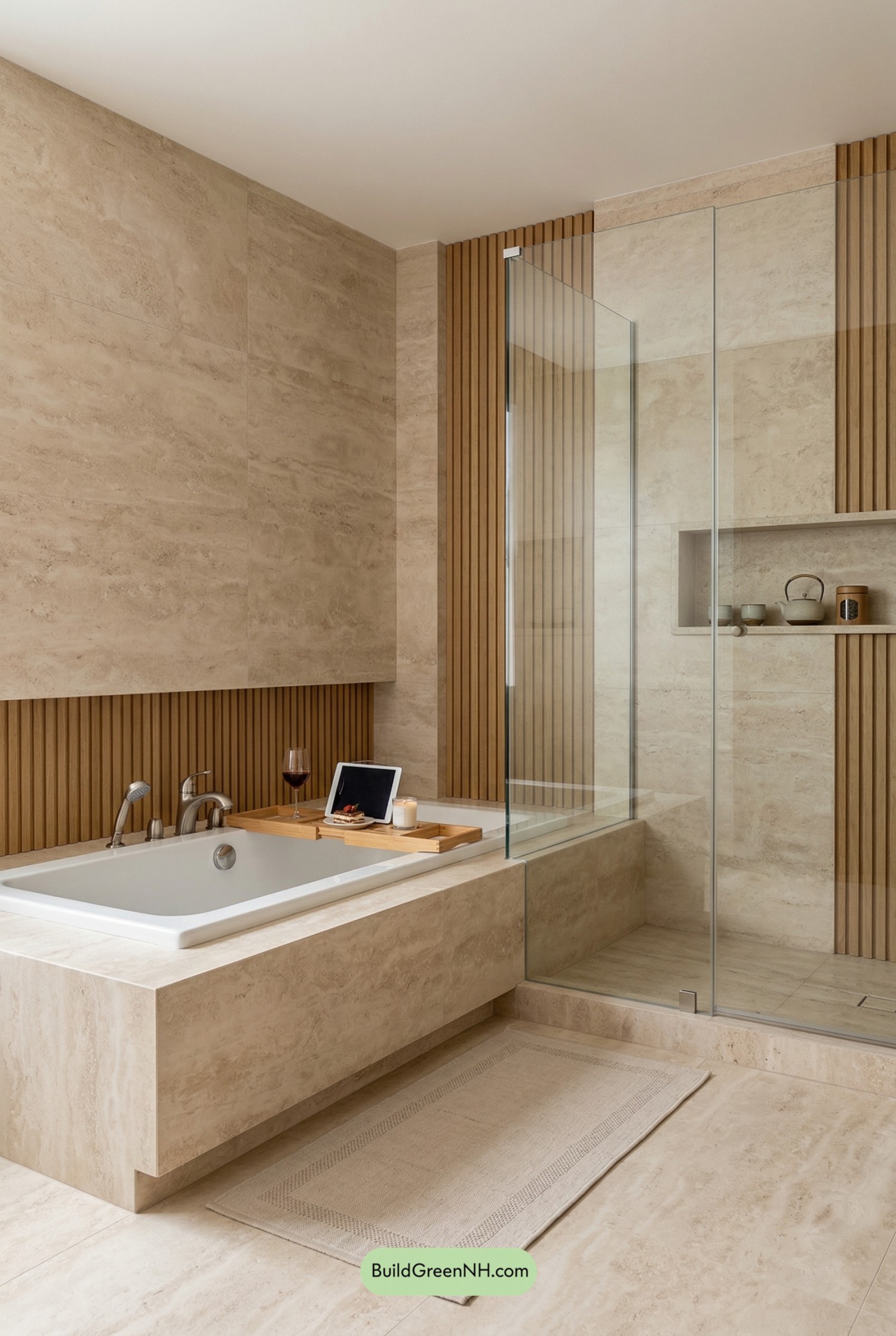 Travertine Calm, Oak-Slat Warmth