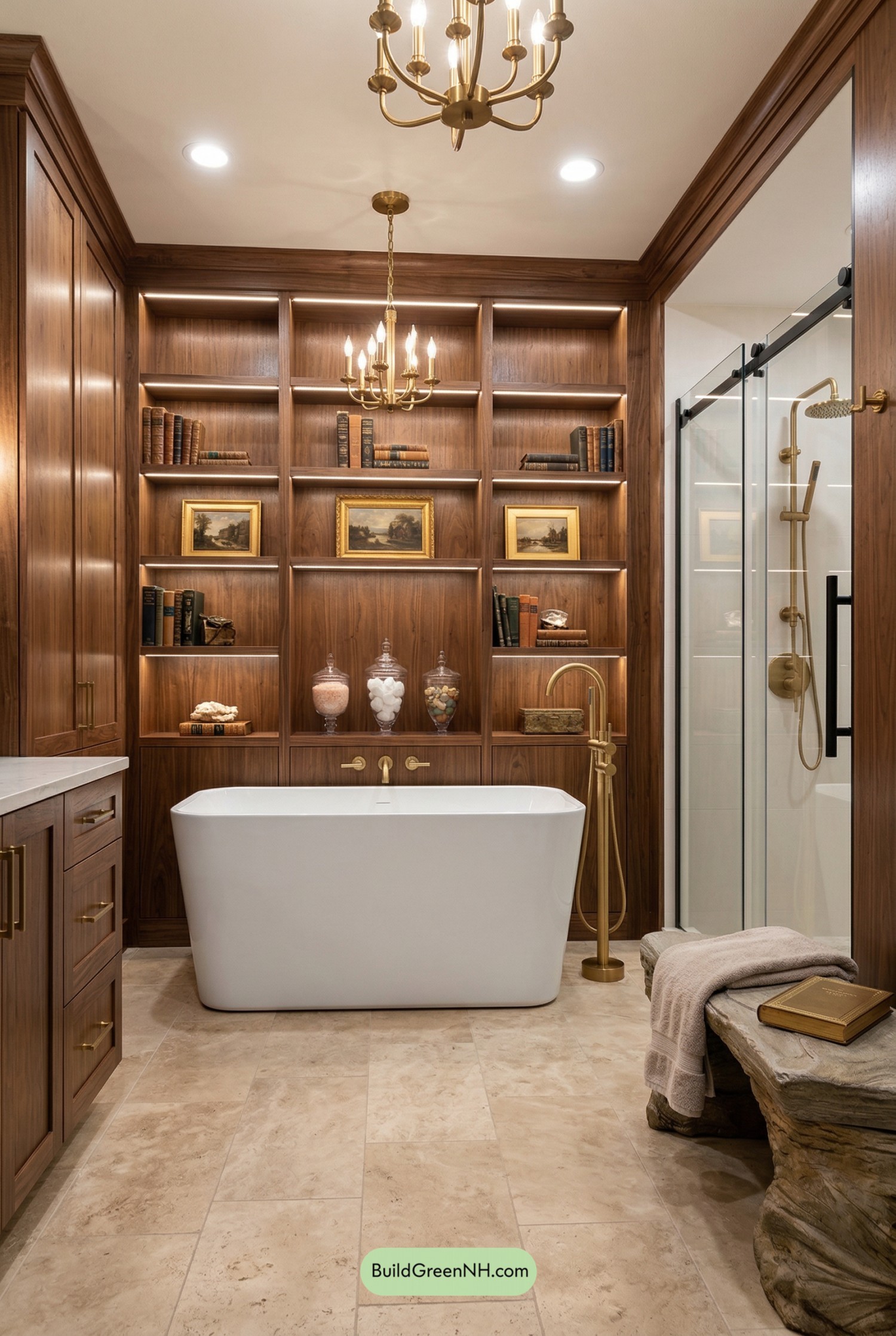 Library-Luxe Bath With Brass Glow