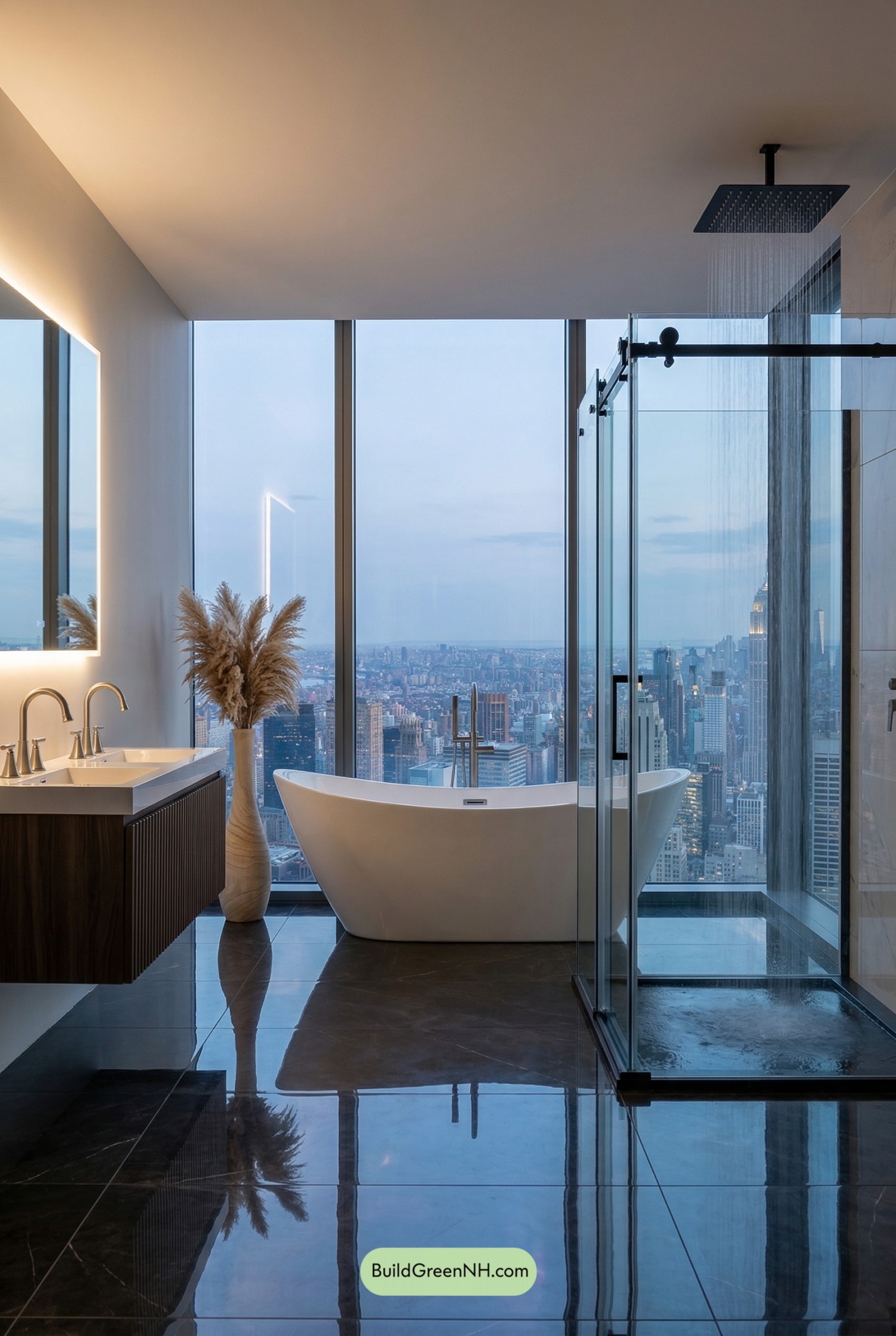 Skyline-Soaked Spa Bathroom Suite