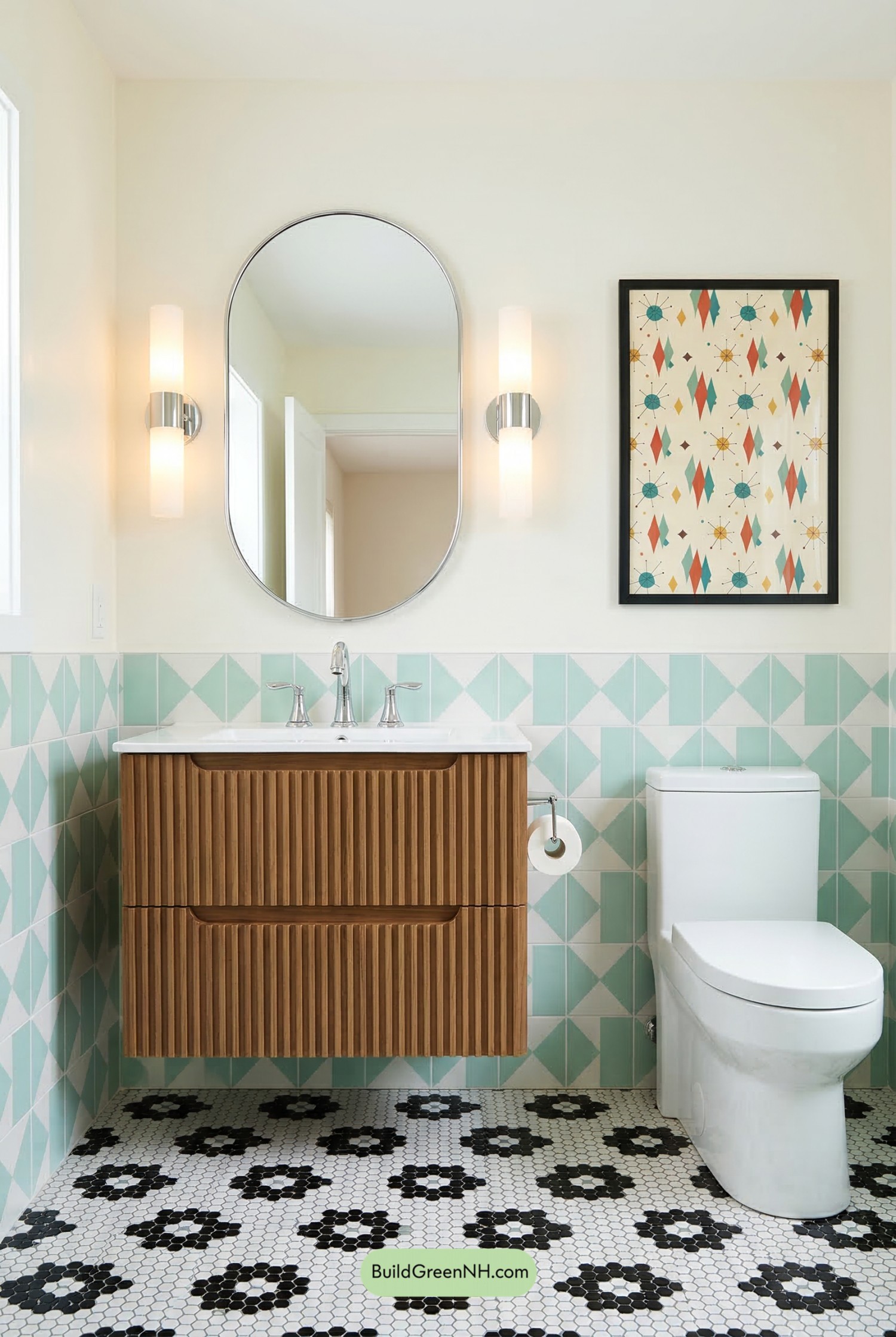 Mint Geometry Meets Warm Walnut Vanity
