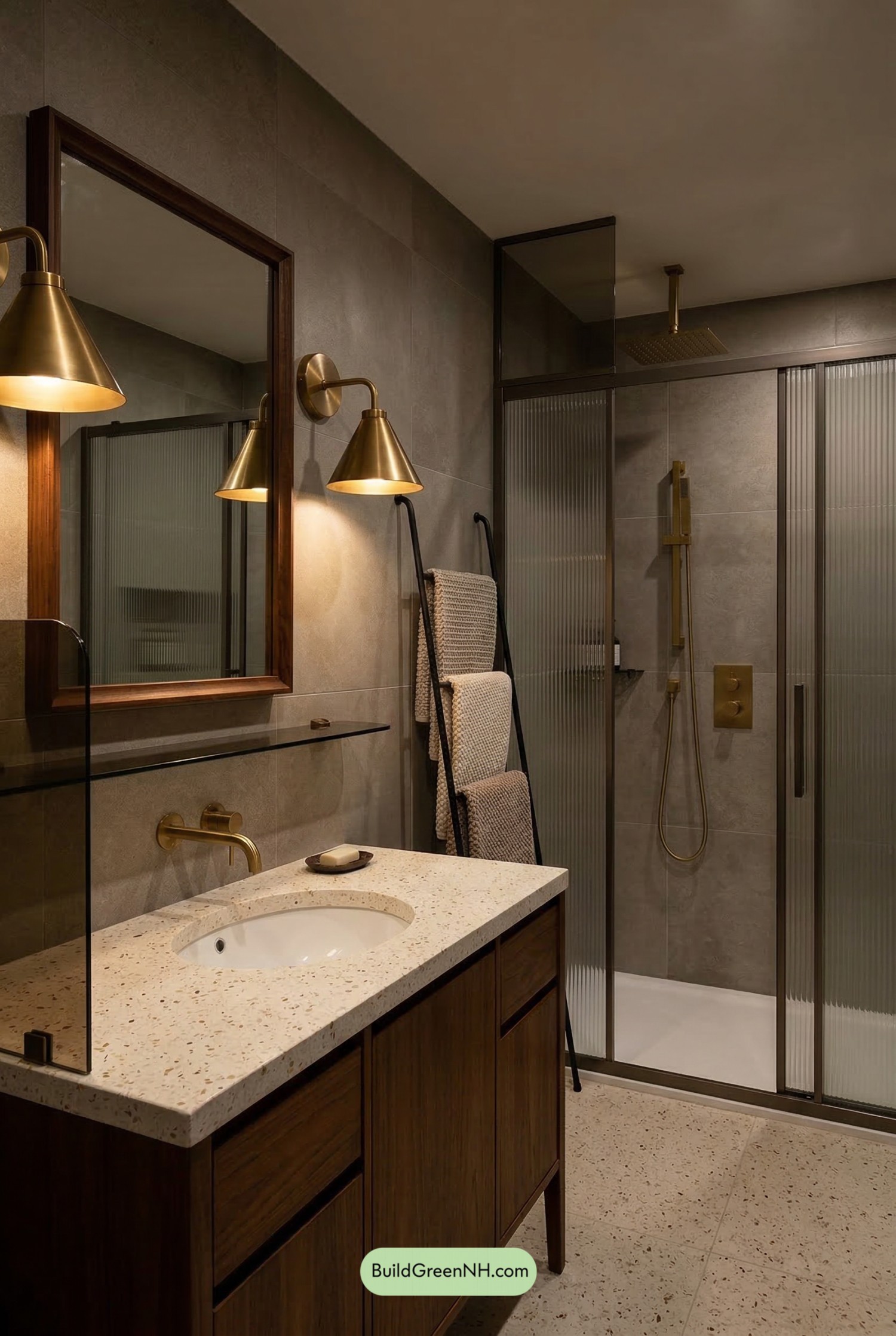 Moody Teak and Brass Mid-Century Bath