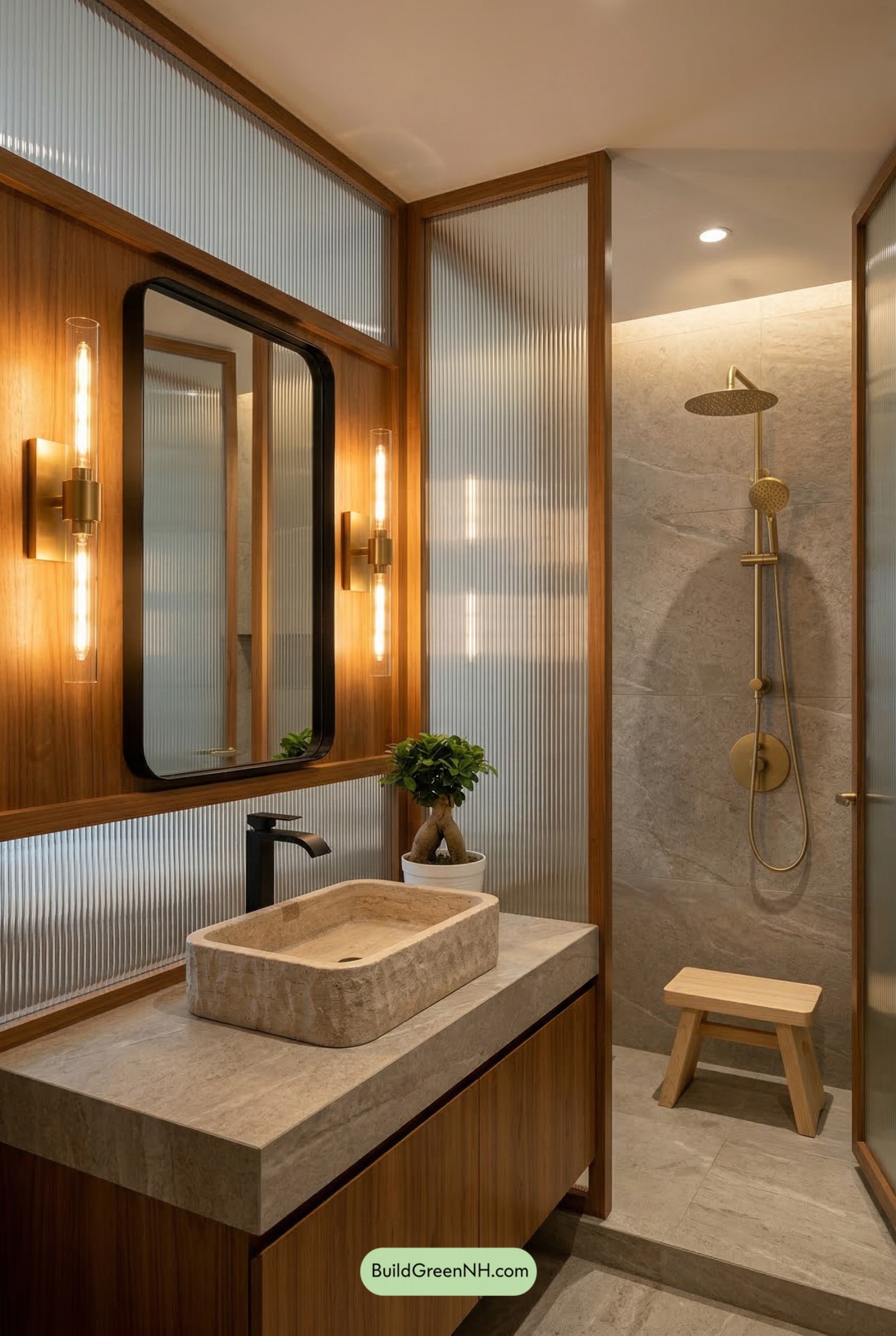 Warm Wood, Ribbed Glass Spa Bath