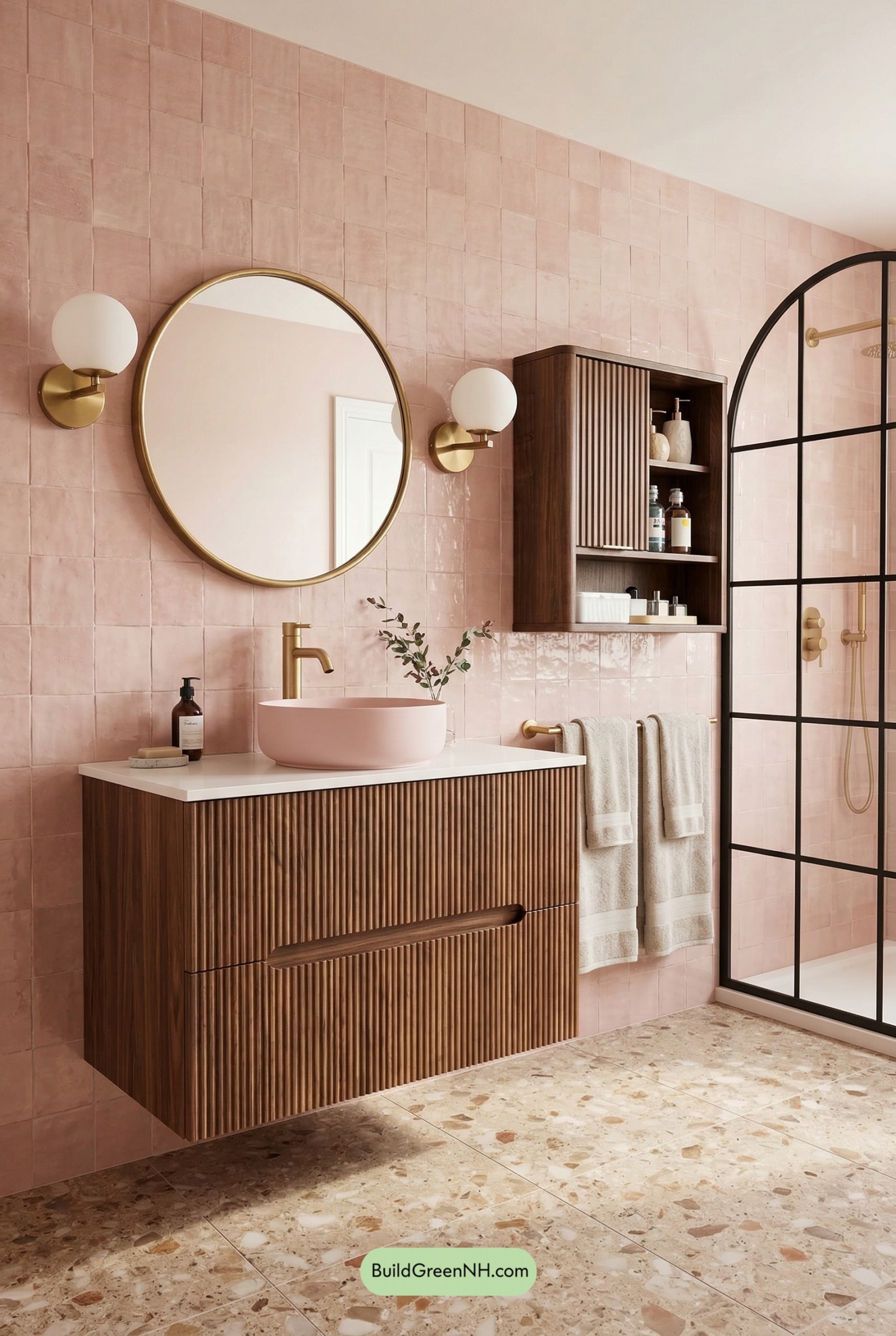 Blush Tile, Brass Glow, Walnut Calm