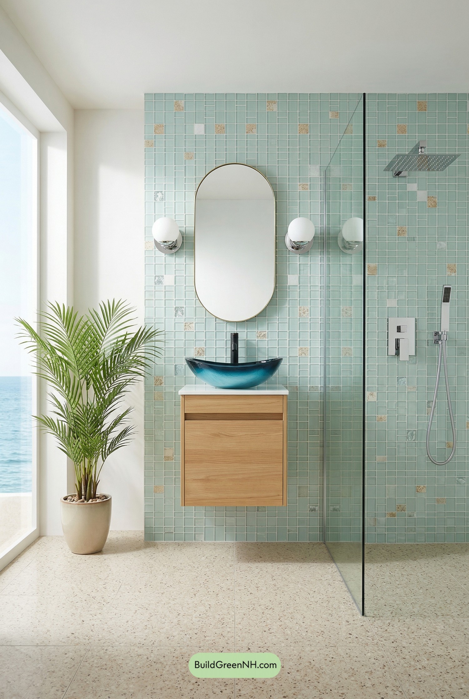Sea-Glass Mid-Century Bathroom Escape