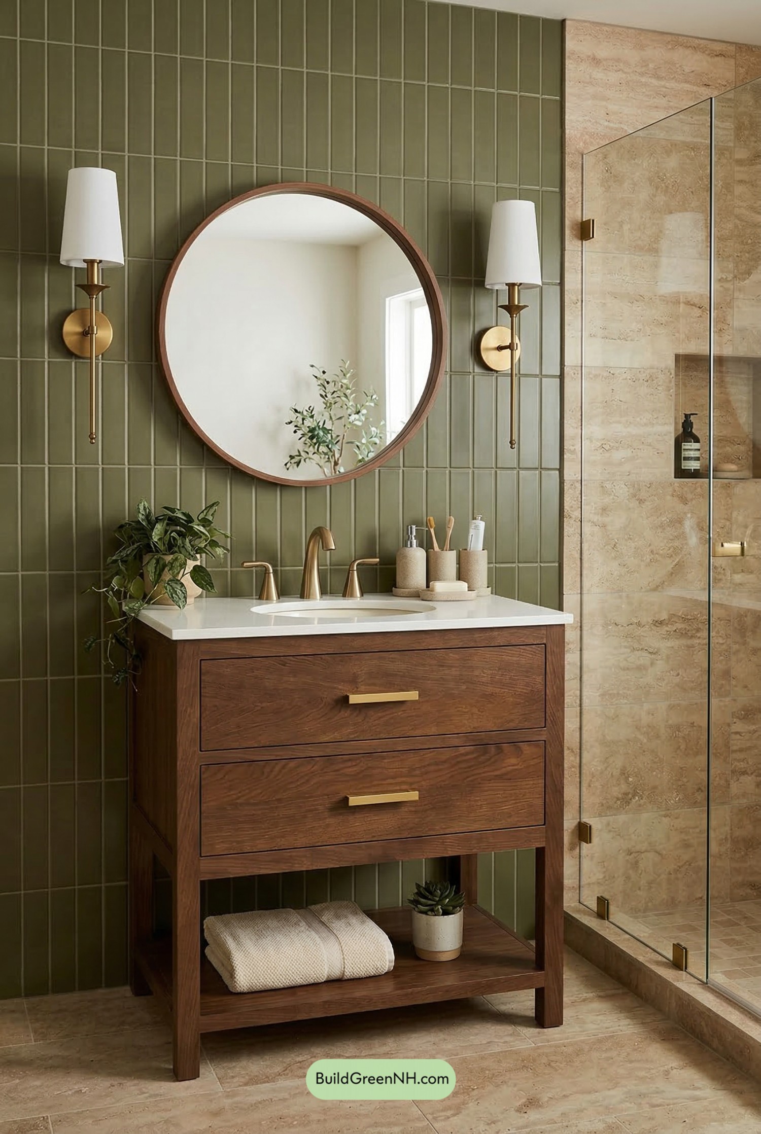 Olive Tile, Walnut Vanity, Pure Calm