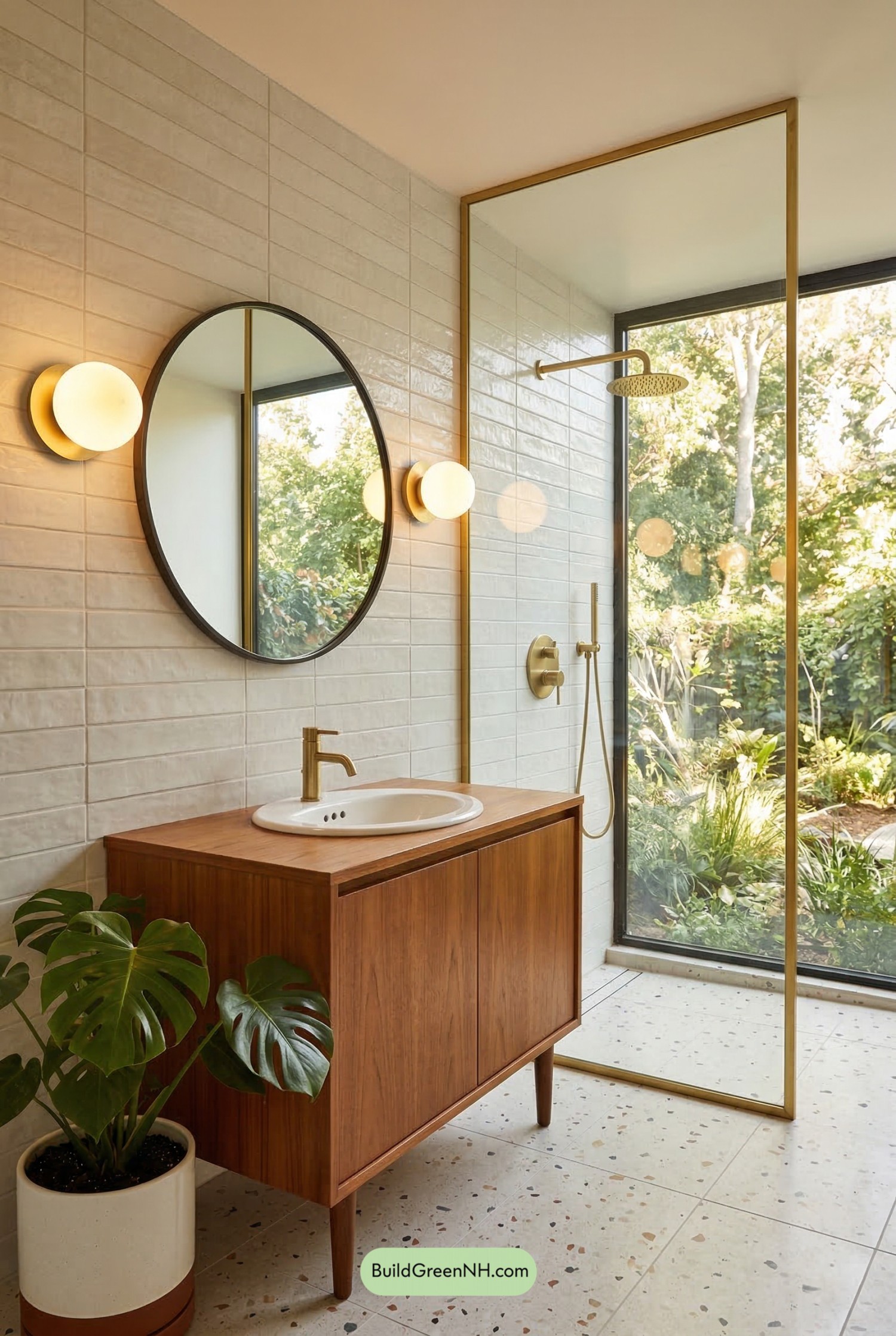 Teak Vanity, Glass Wall, Golden Glow