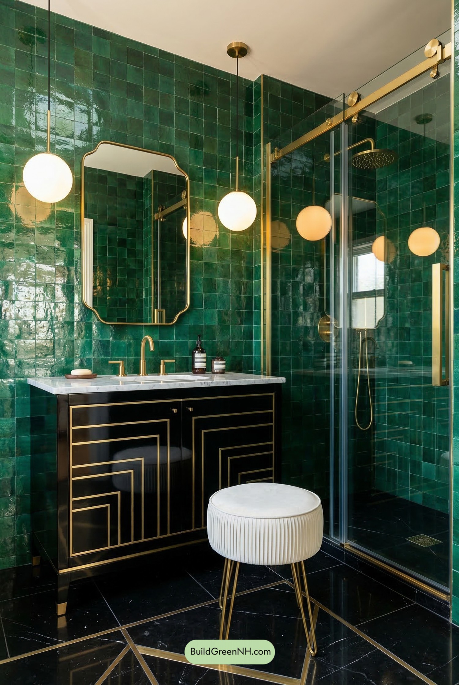 Emerald Deco Bathroom with Brass Glow
