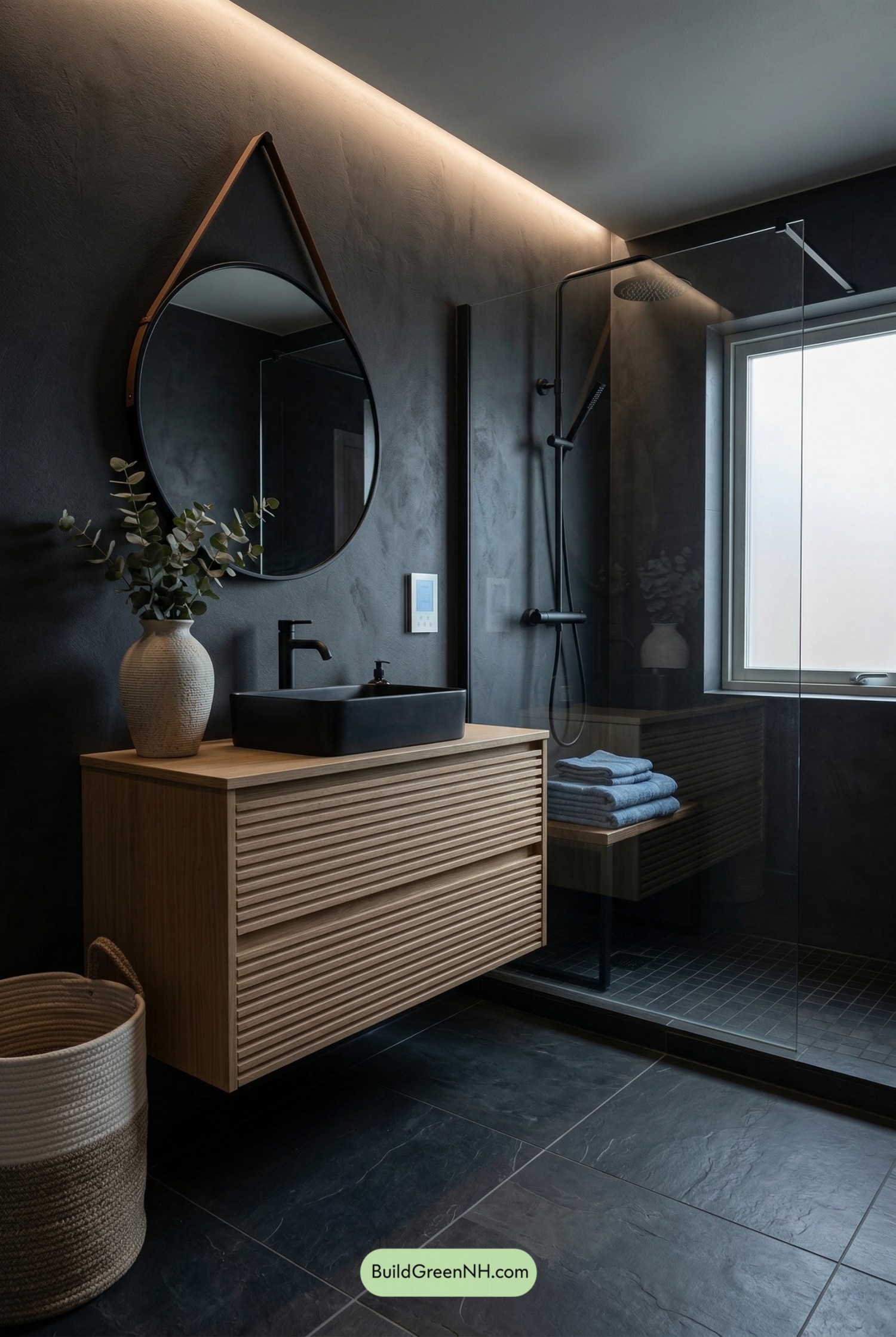 Moody Nordic Bathroom with Oak Warmth