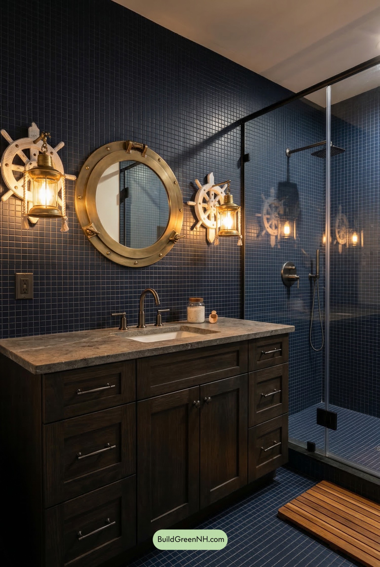 Navy Micro-Tile Bathroom, Nautical Modern Mood