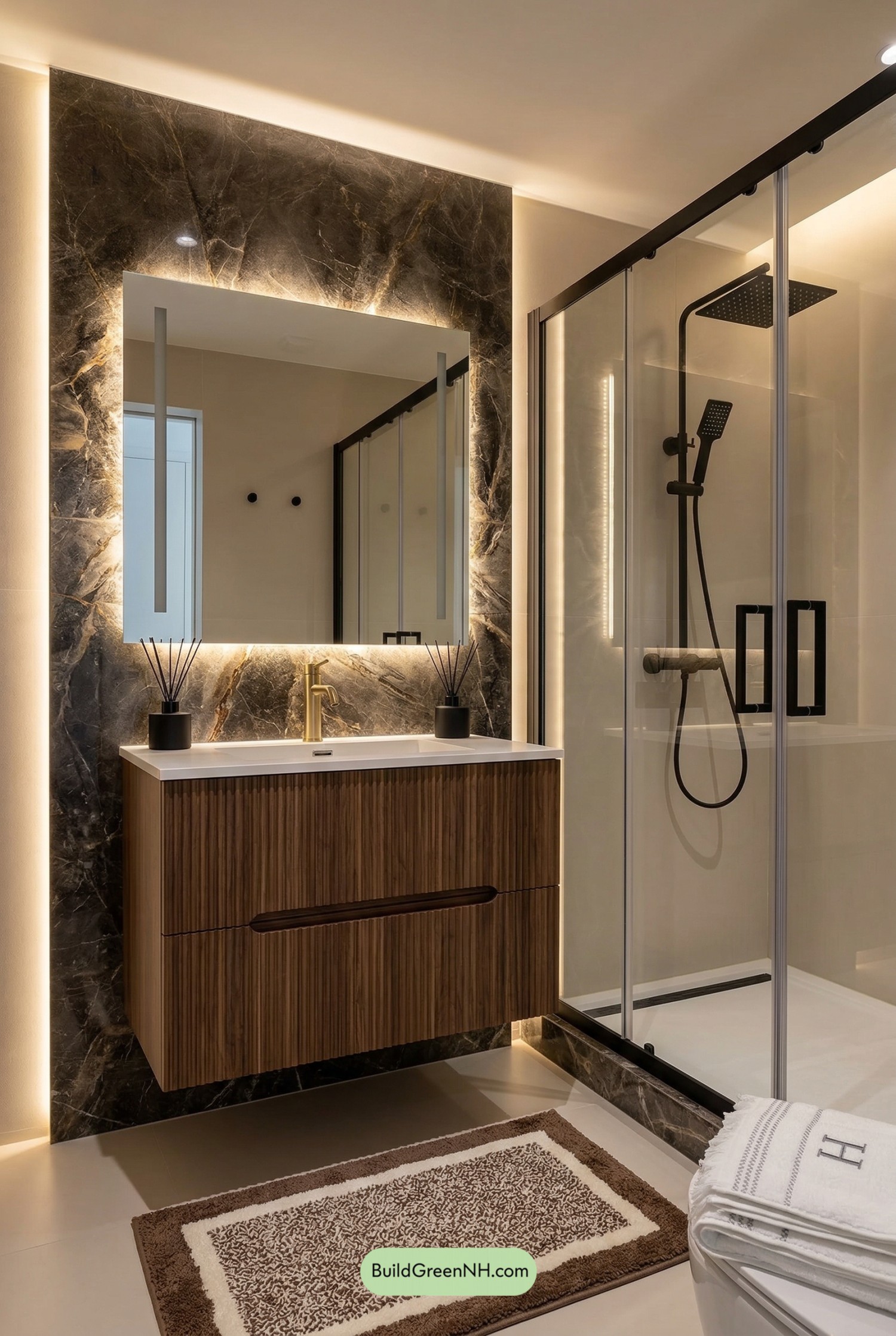 Backlit Stone, Warm Wood, Hotel Glow