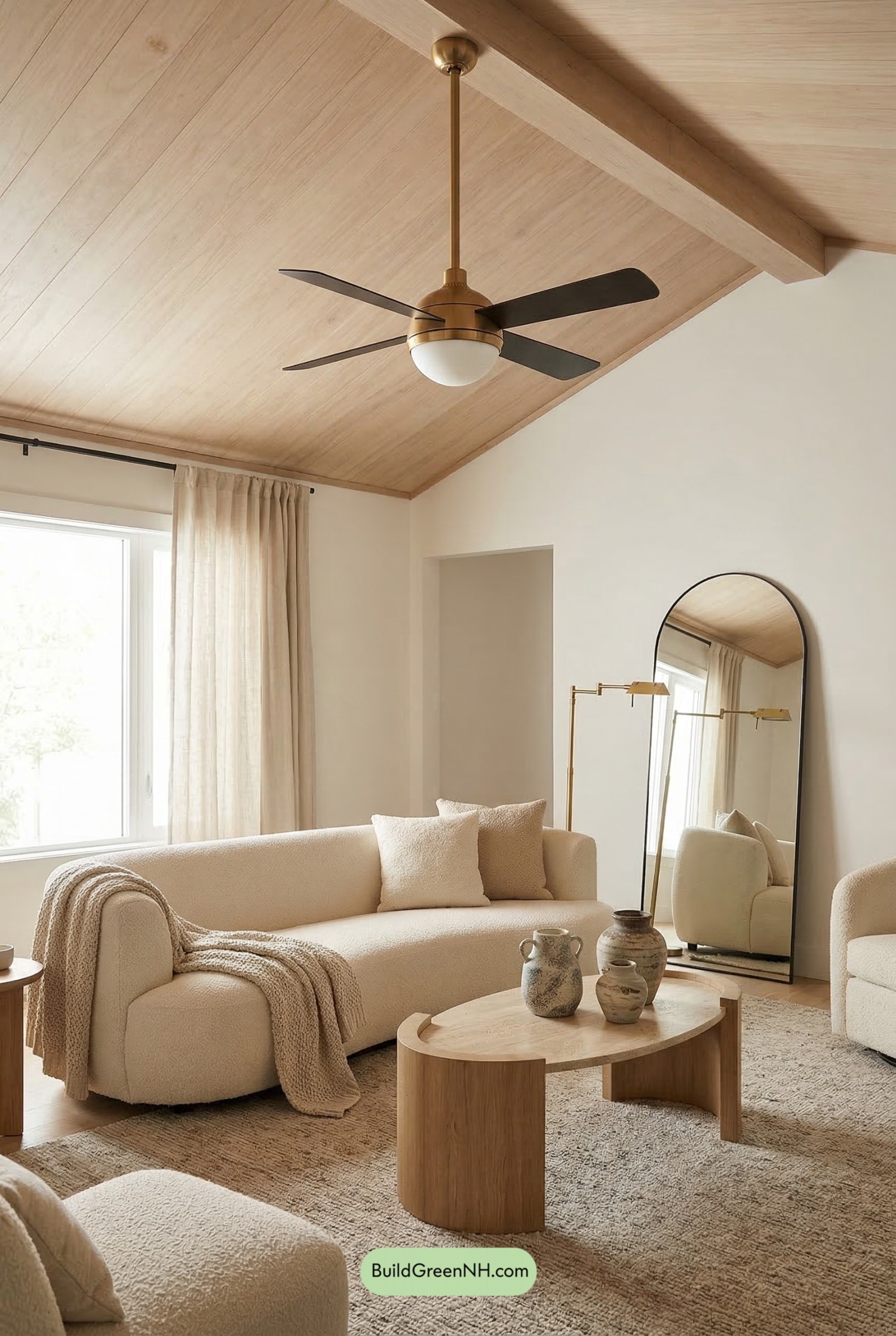 Brass Fan Drama Under Pale Timber Vault